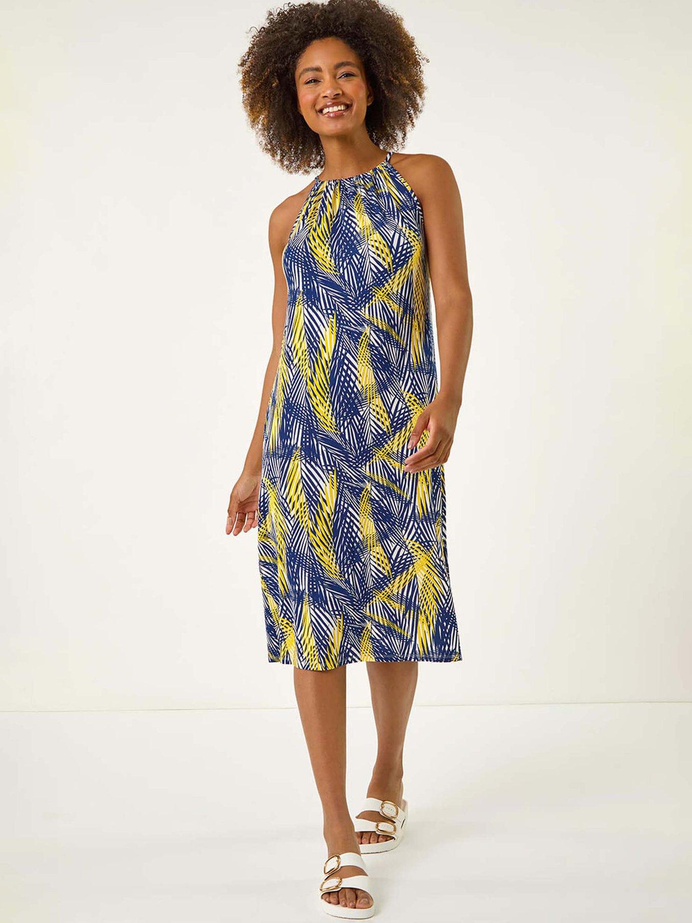 Roman Gathered Palm Print Swing Stretch Dress - Yellow