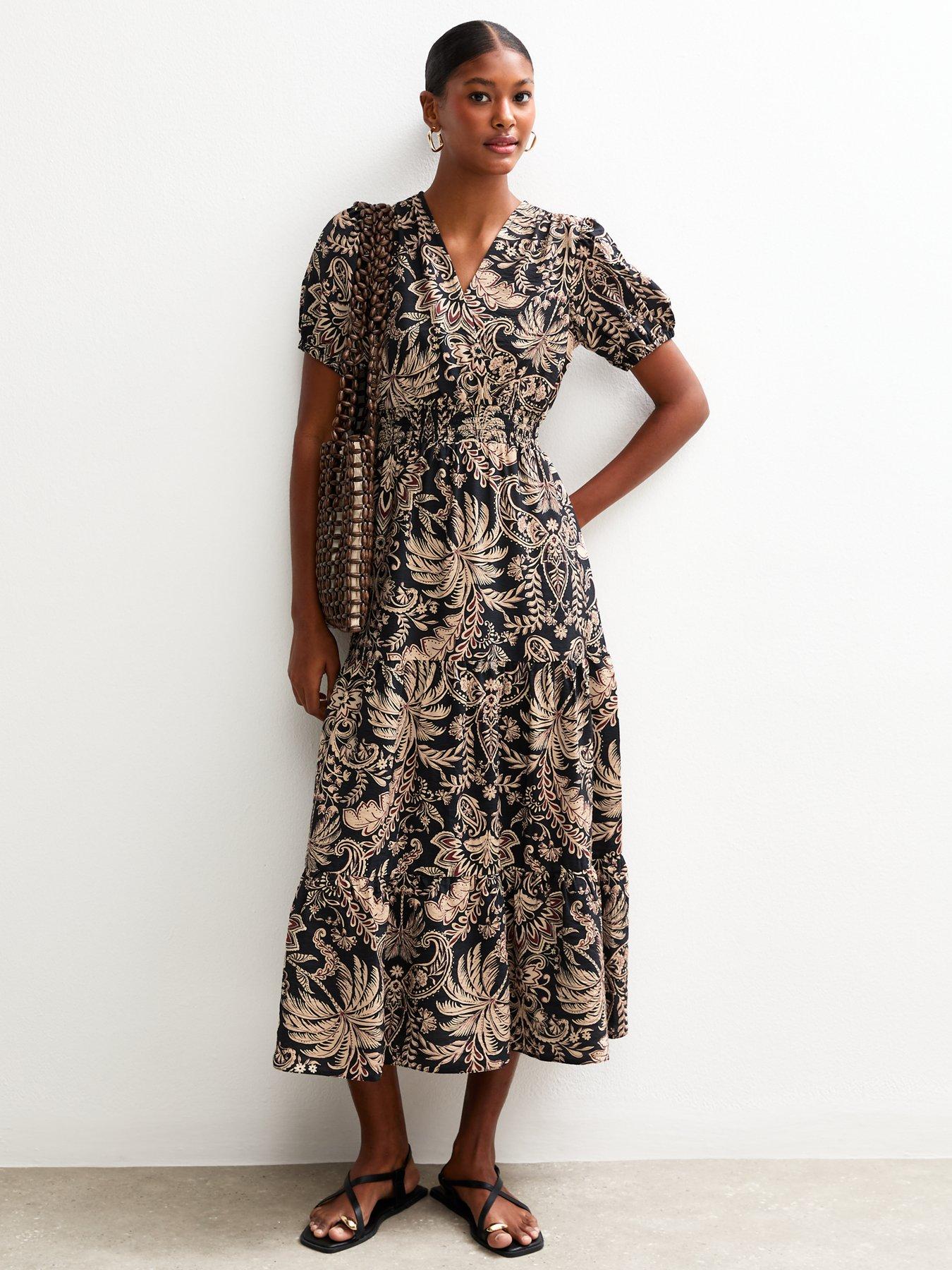 undefined Palm Tree Print Midi Dress - Black