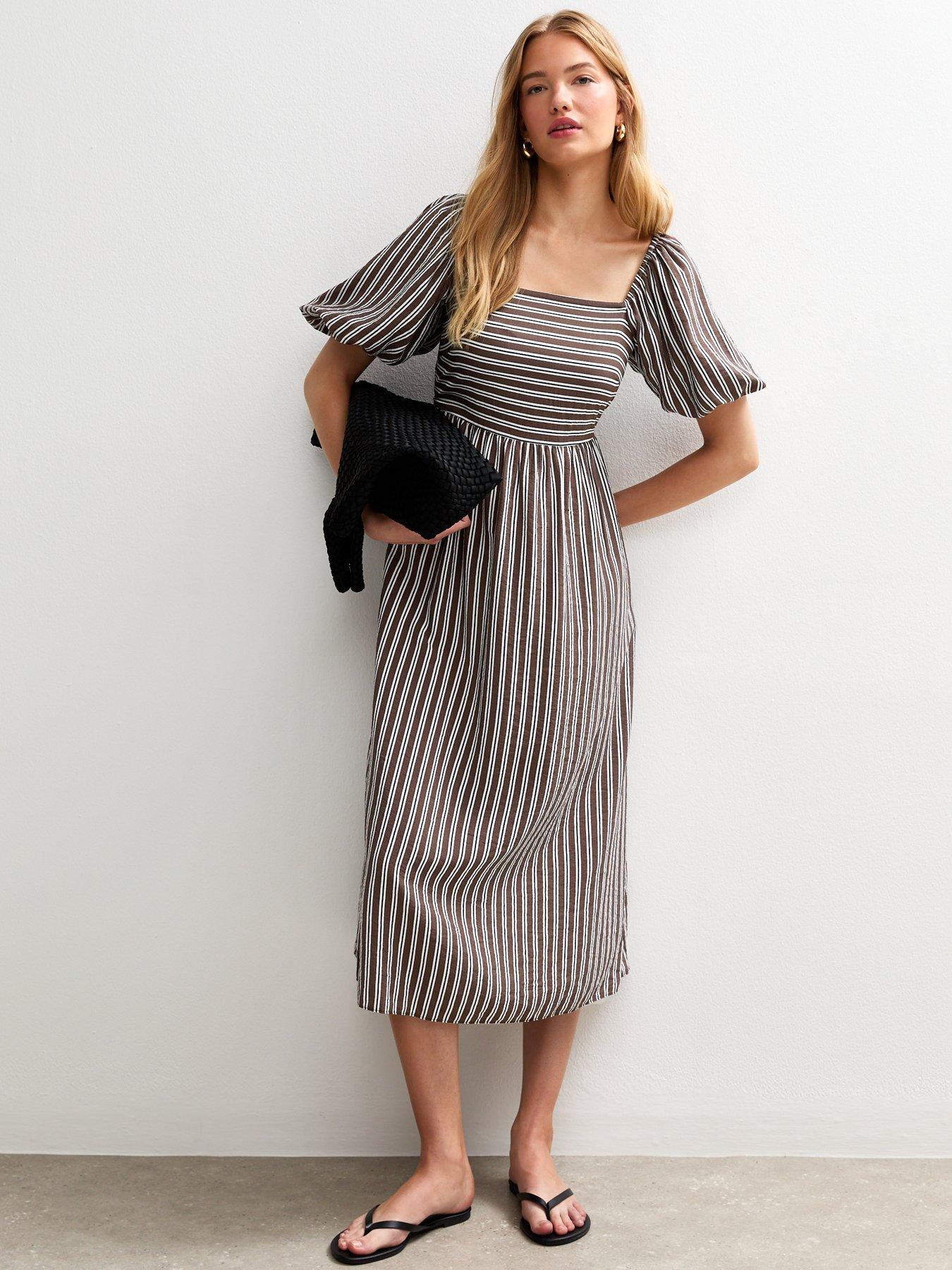 Image 1 of 4 of New Look Brown Striped Square Neck Milkmaid Midi Dress