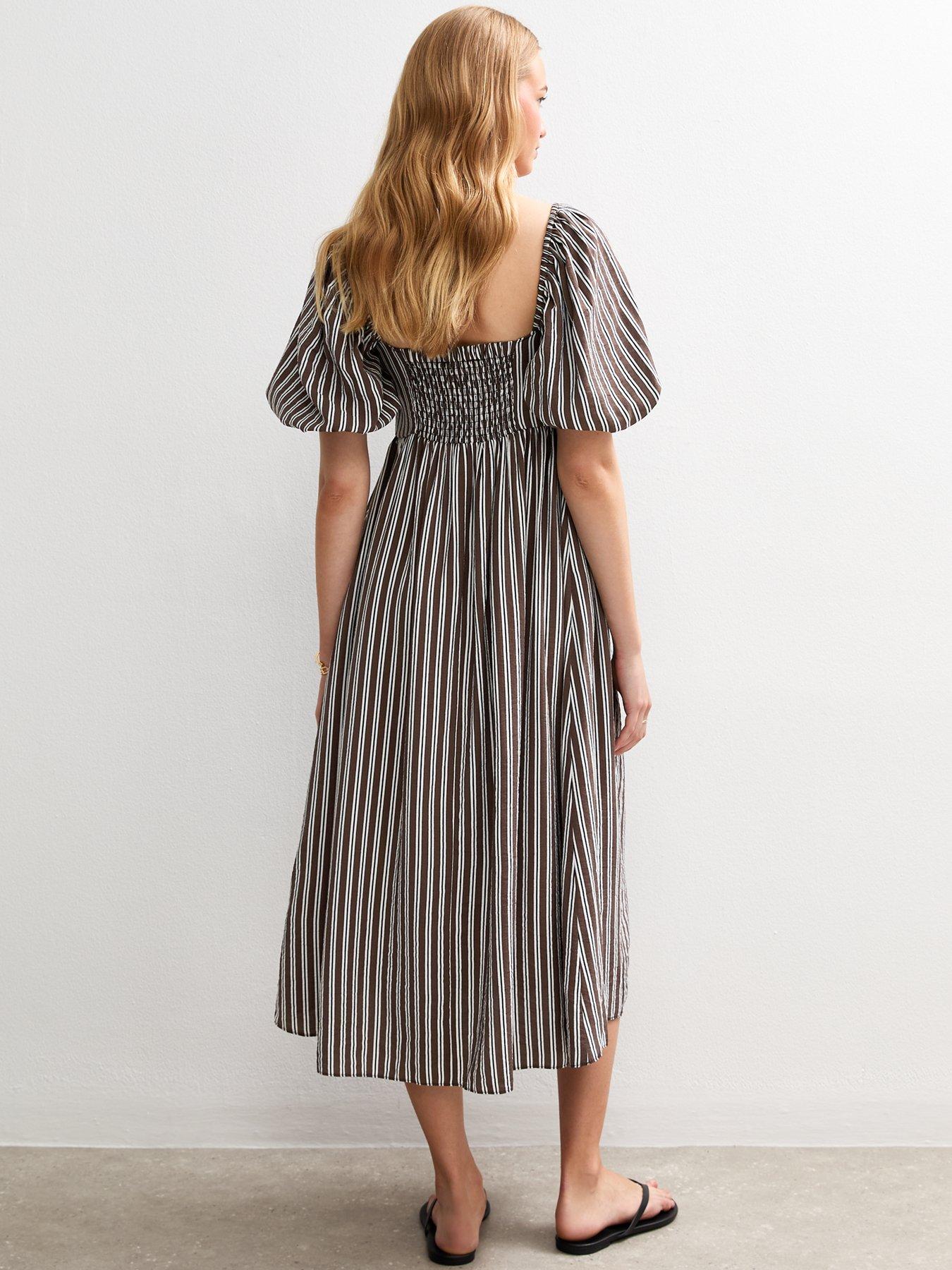 Image 2 of 4 of New Look Brown Striped Square Neck Milkmaid Midi Dress