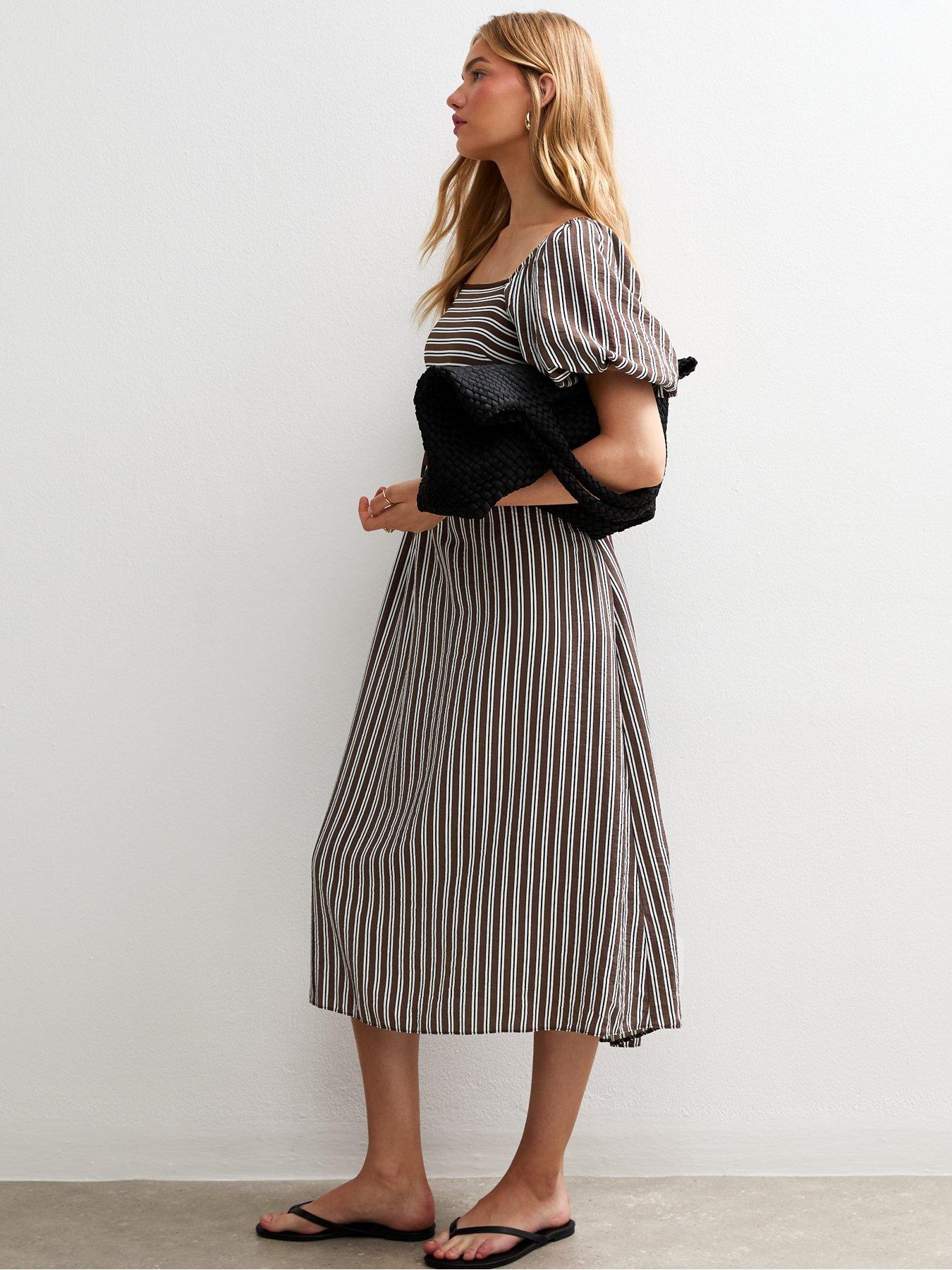 Image 3 of 4 of New Look Brown Striped Square Neck Milkmaid Midi Dress