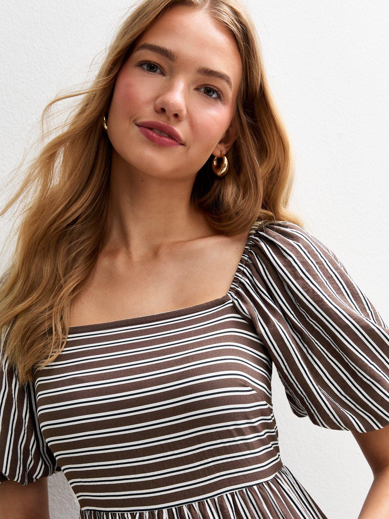 Image 4 of 4 of New Look Brown Striped Square Neck Milkmaid Midi Dress