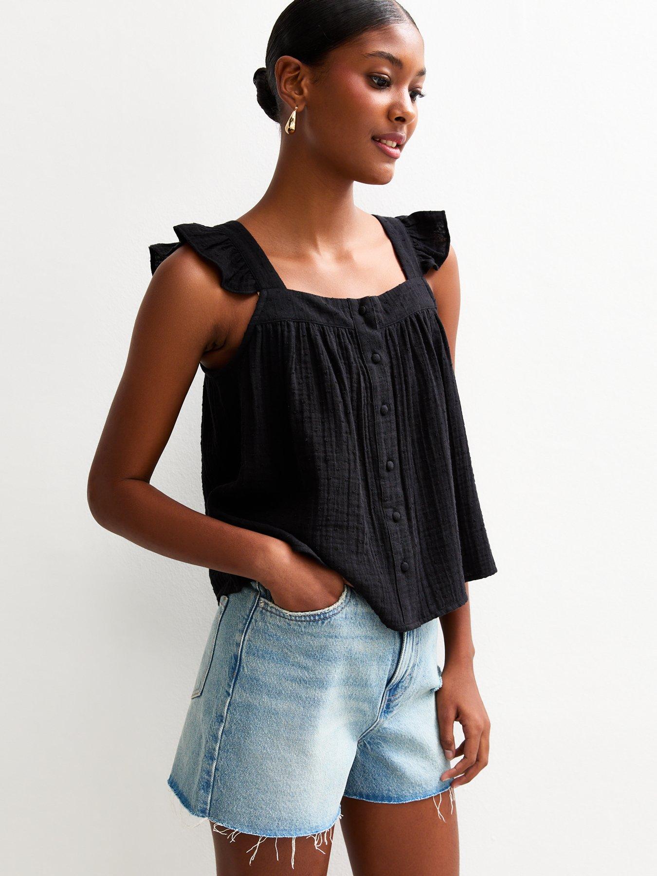 new-look-frilly-sleeve-button-up-top-black