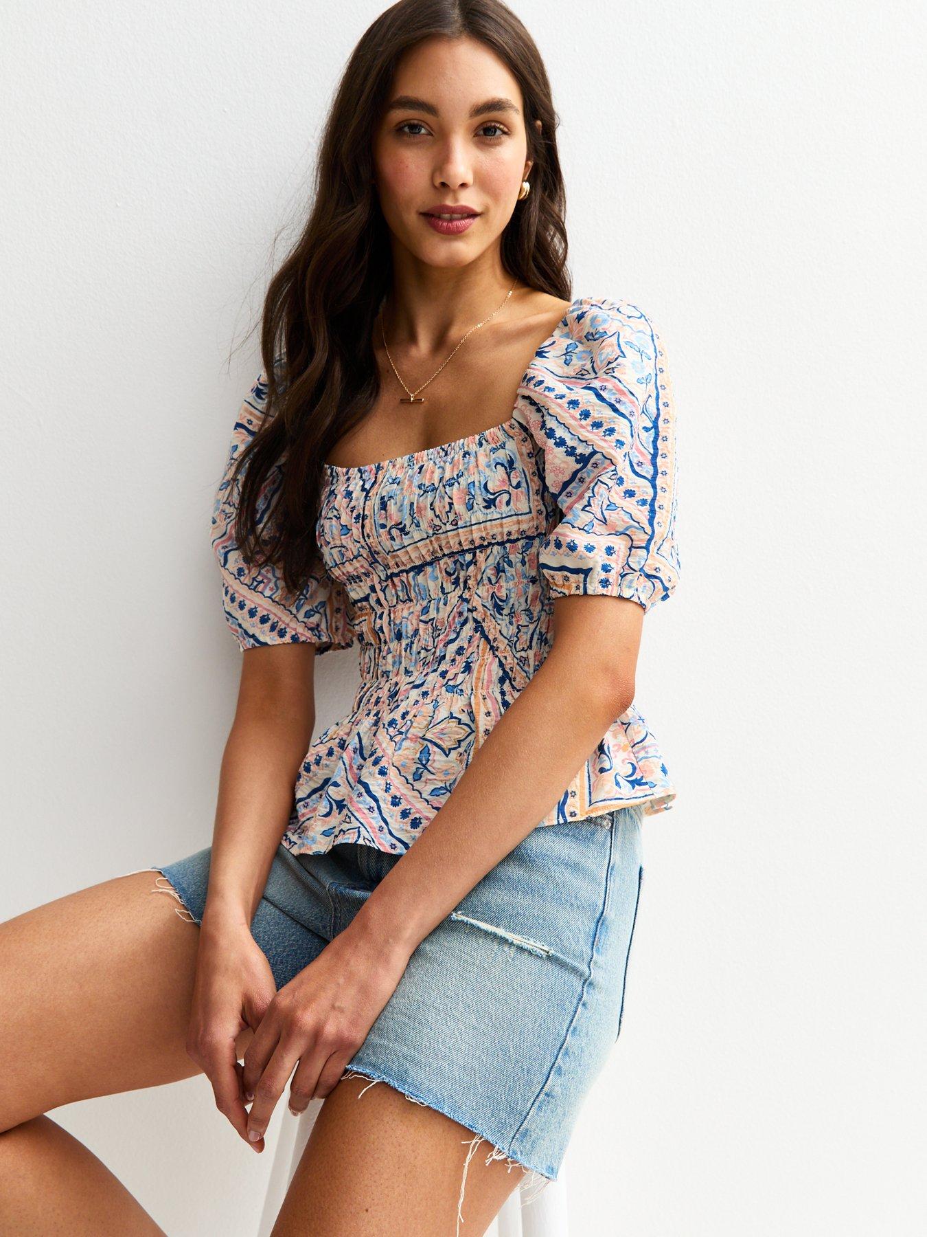 undefined Scarf Print Shirred Top - Blue