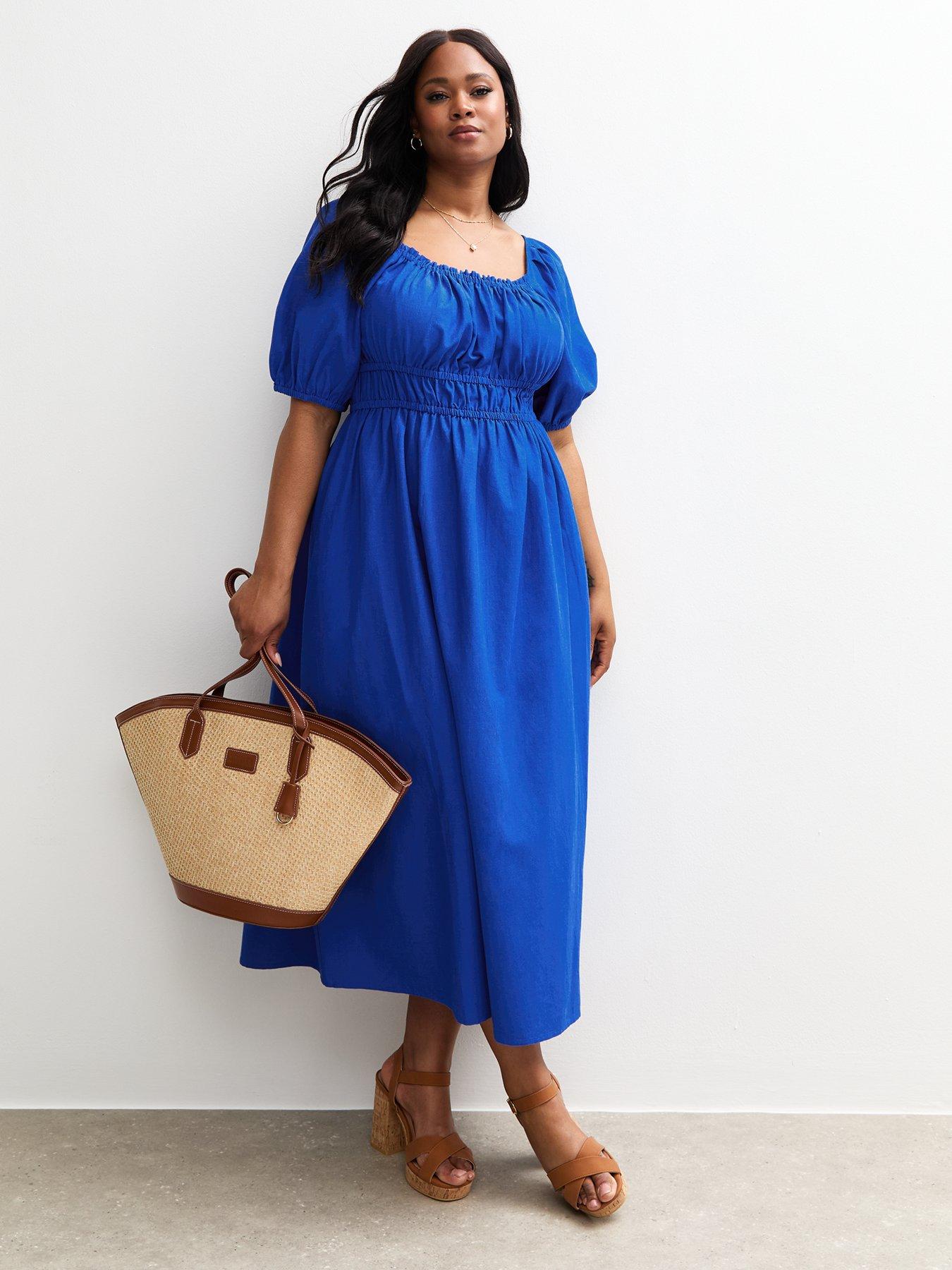 undefined Curves Milkmaid Puff Sleeve Midi Dress - Bright Blue