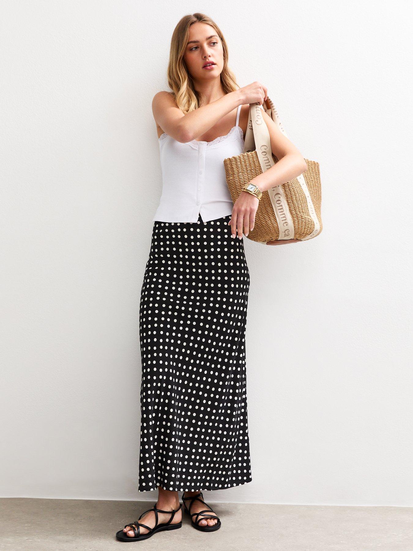 undefined Spot Print Bias Cut Midi Skirt - Black