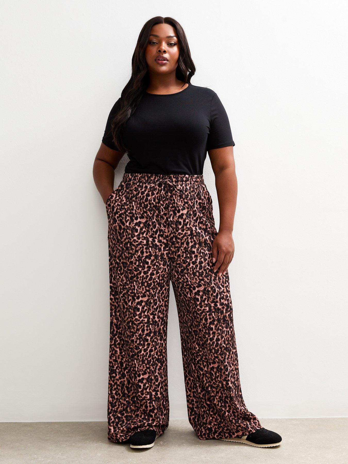 New Look Curves Brown Leopard Print Textured Wide Leg Trousers