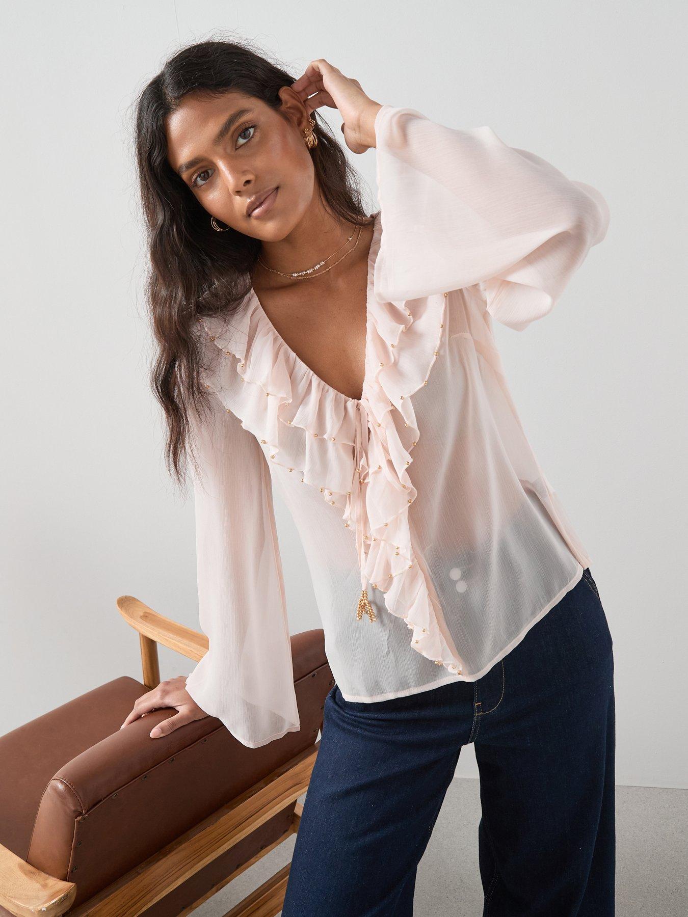The Very Collection Beaded Frill Blouse - Nude