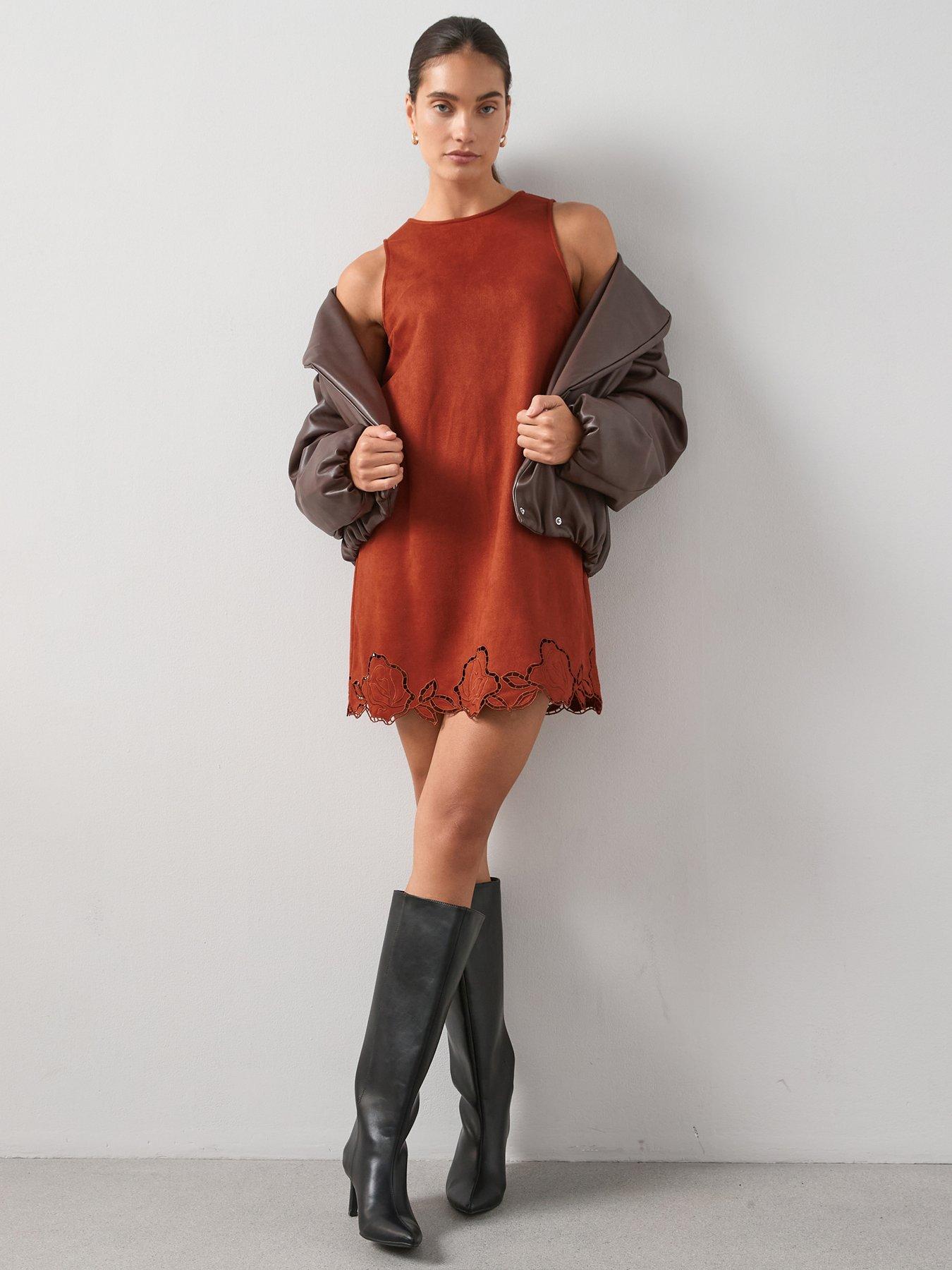 The Very Collection Suedette Cutwork Hem Shift Mini Dress - Brown