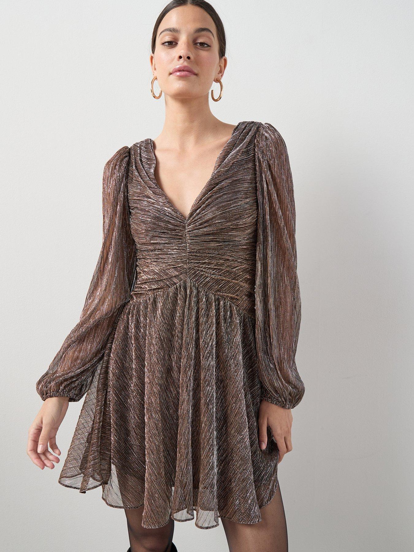 the-very-collection-v-neck-plisse-long-sleeve-mini-dress-brown