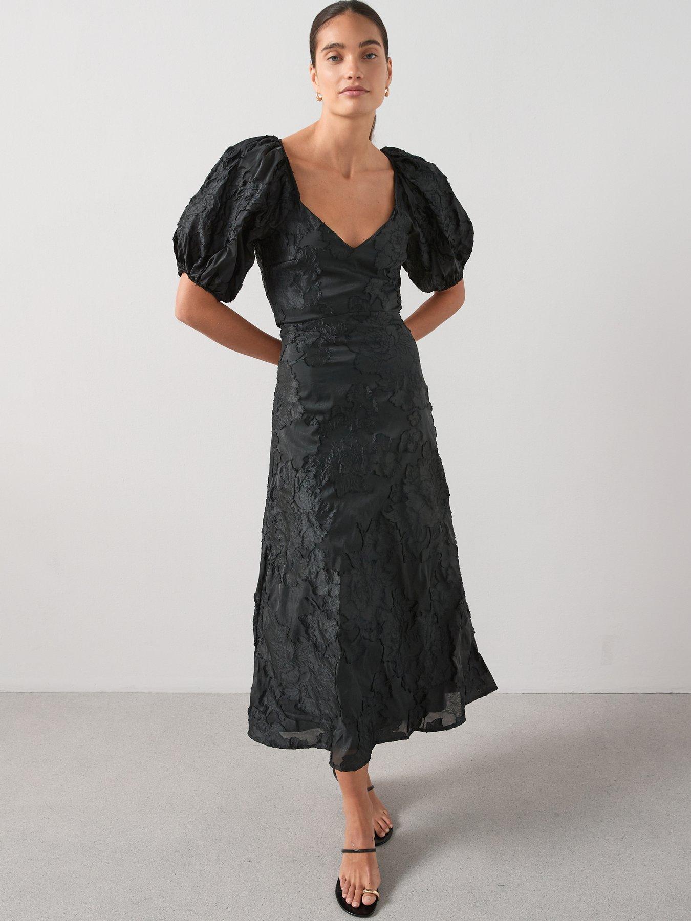 Image 1 of 6 of The Very Collection Volume Sleeve Midaxi Dress - Black