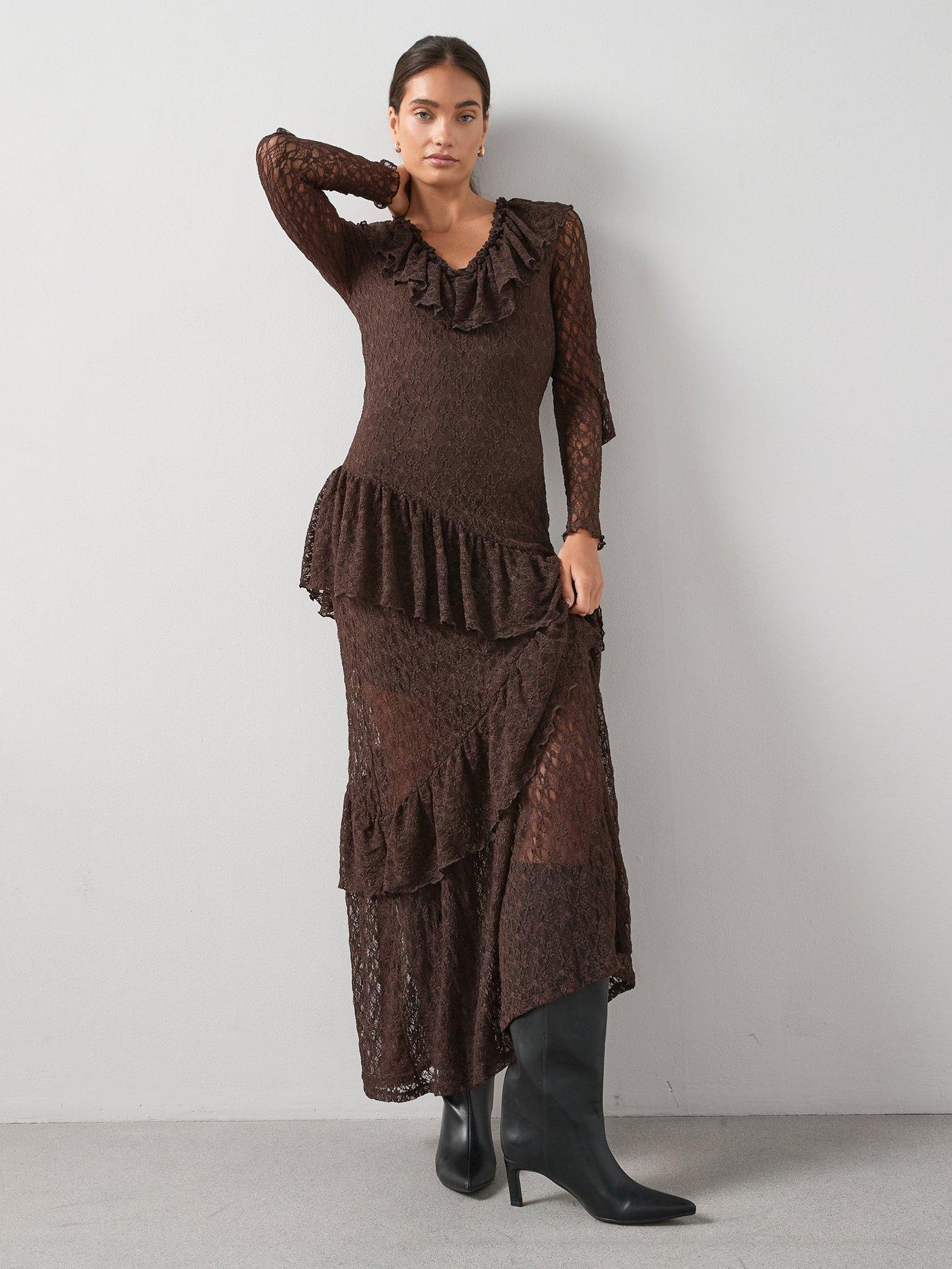 Image 1 of 6 of The Very Collection Lace Ruffle Hem Maxi Dress - Brown