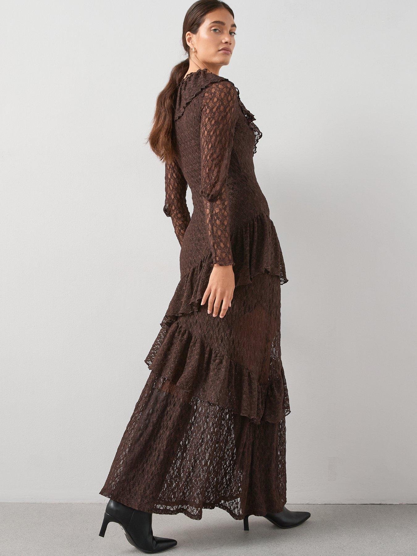 Image 3 of 6 of The Very Collection Lace Ruffle Hem Maxi Dress - Brown