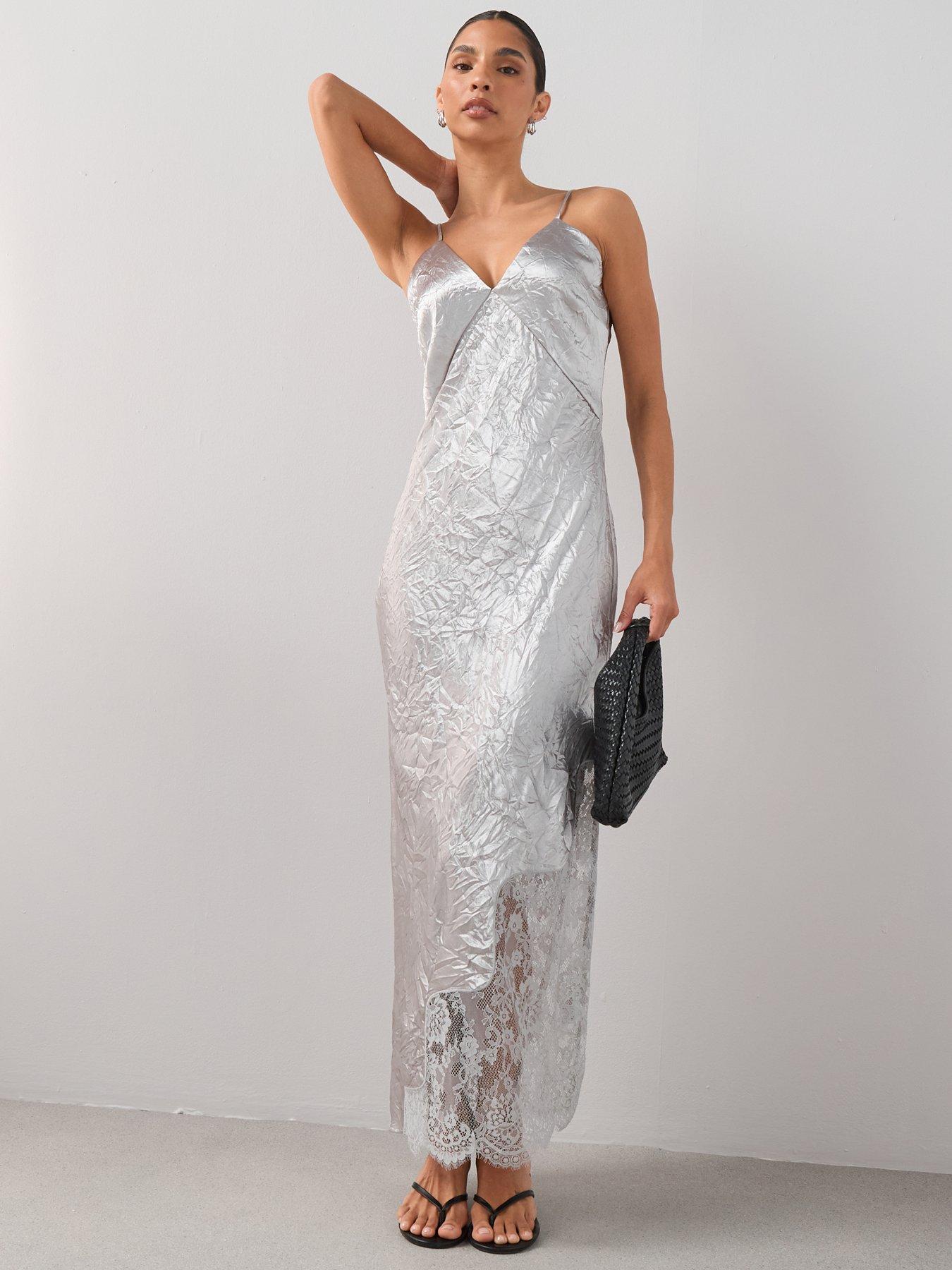 Image 1 of 7 of The Very Collection Lace Detail Satin Cami Dress - Silver