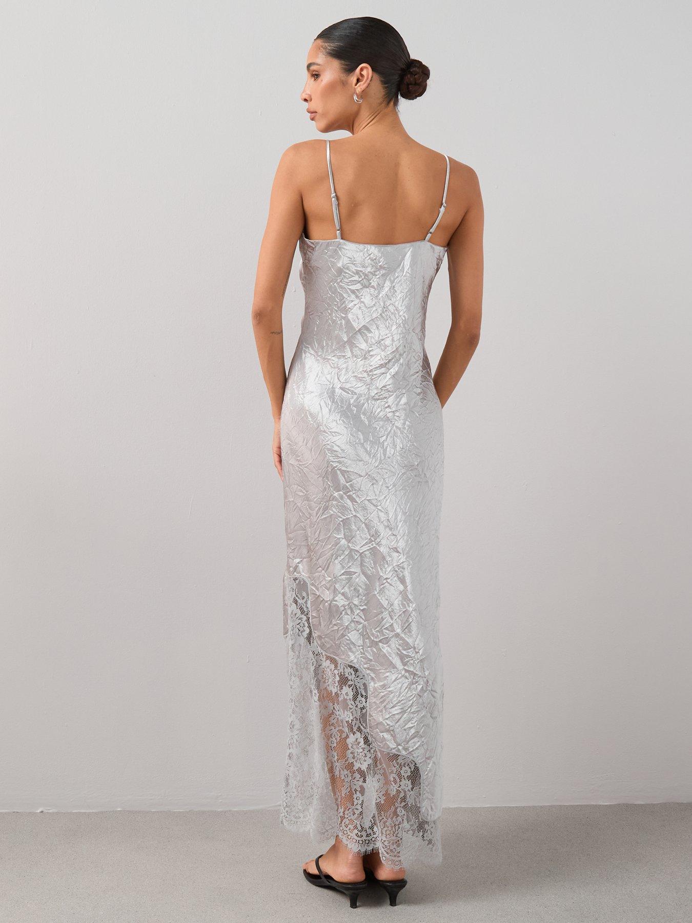 Image 2 of 7 of The Very Collection Lace Detail Satin Cami Dress - Silver