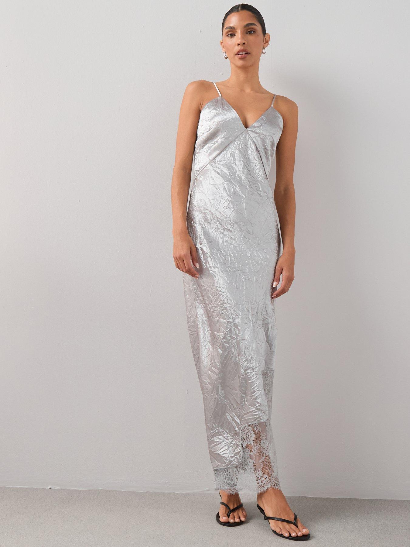 Image 4 of 7 of The Very Collection Lace Detail Satin Cami Dress - Silver