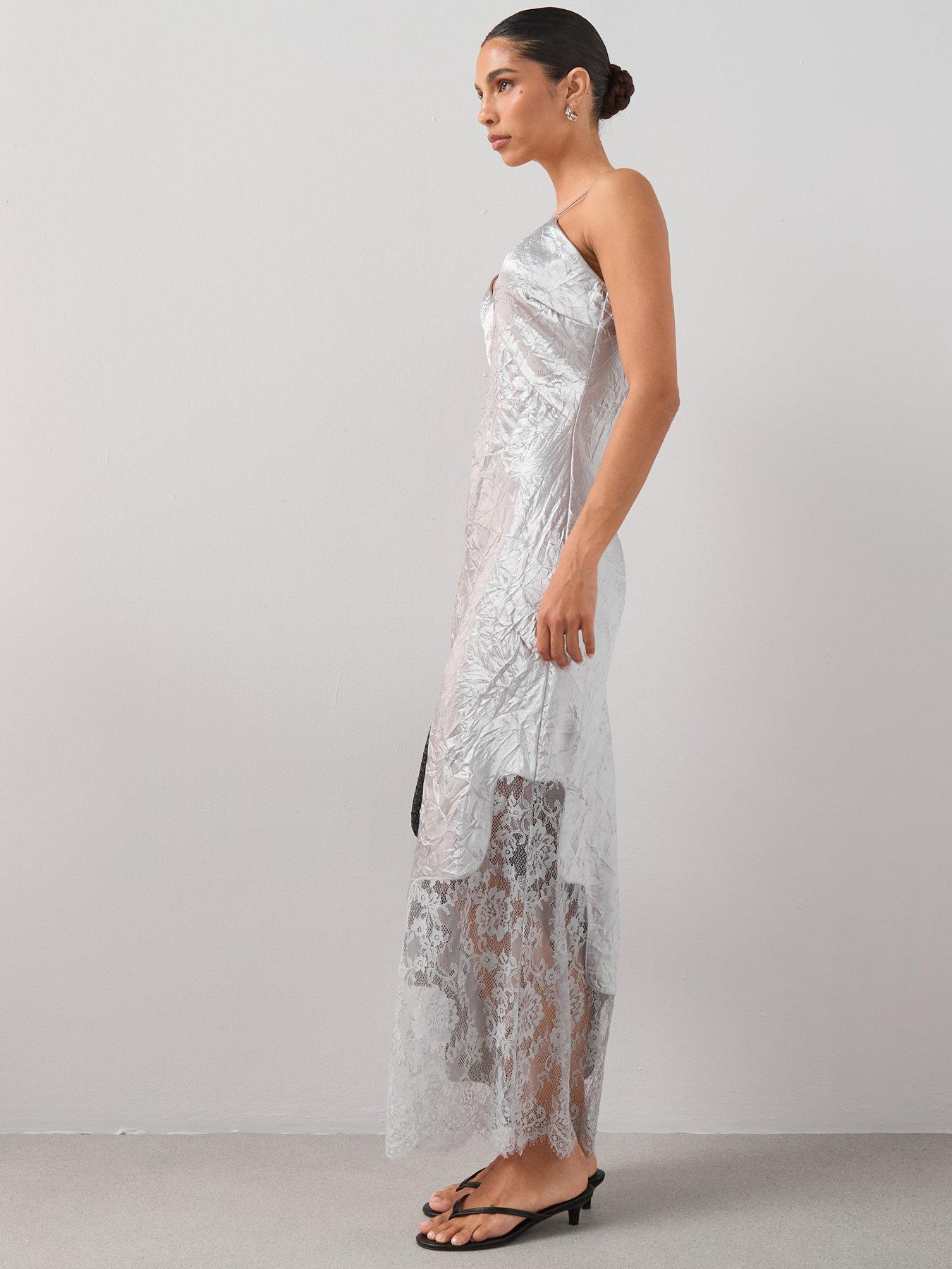 Image 6 of 7 of The Very Collection Lace Detail Satin Cami Dress - Silver