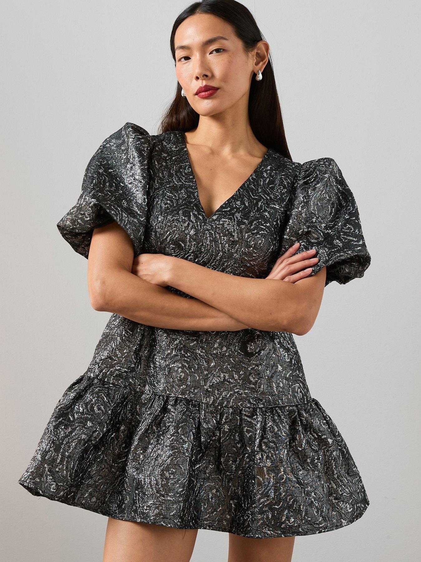the-very-collection-jacquard-puff-sleeve-mini-dress-silver