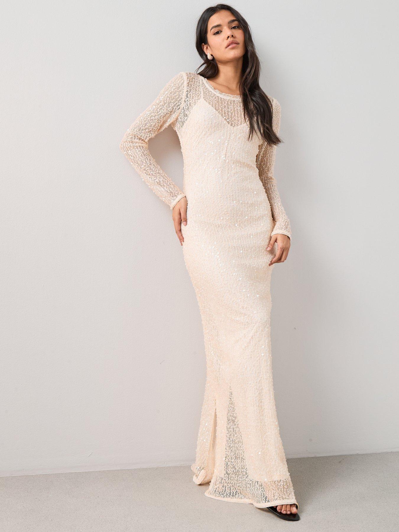 The Very Collection Long Sleeve Sheer Sequin Maxi Dress Cream - White |  Very Ireland