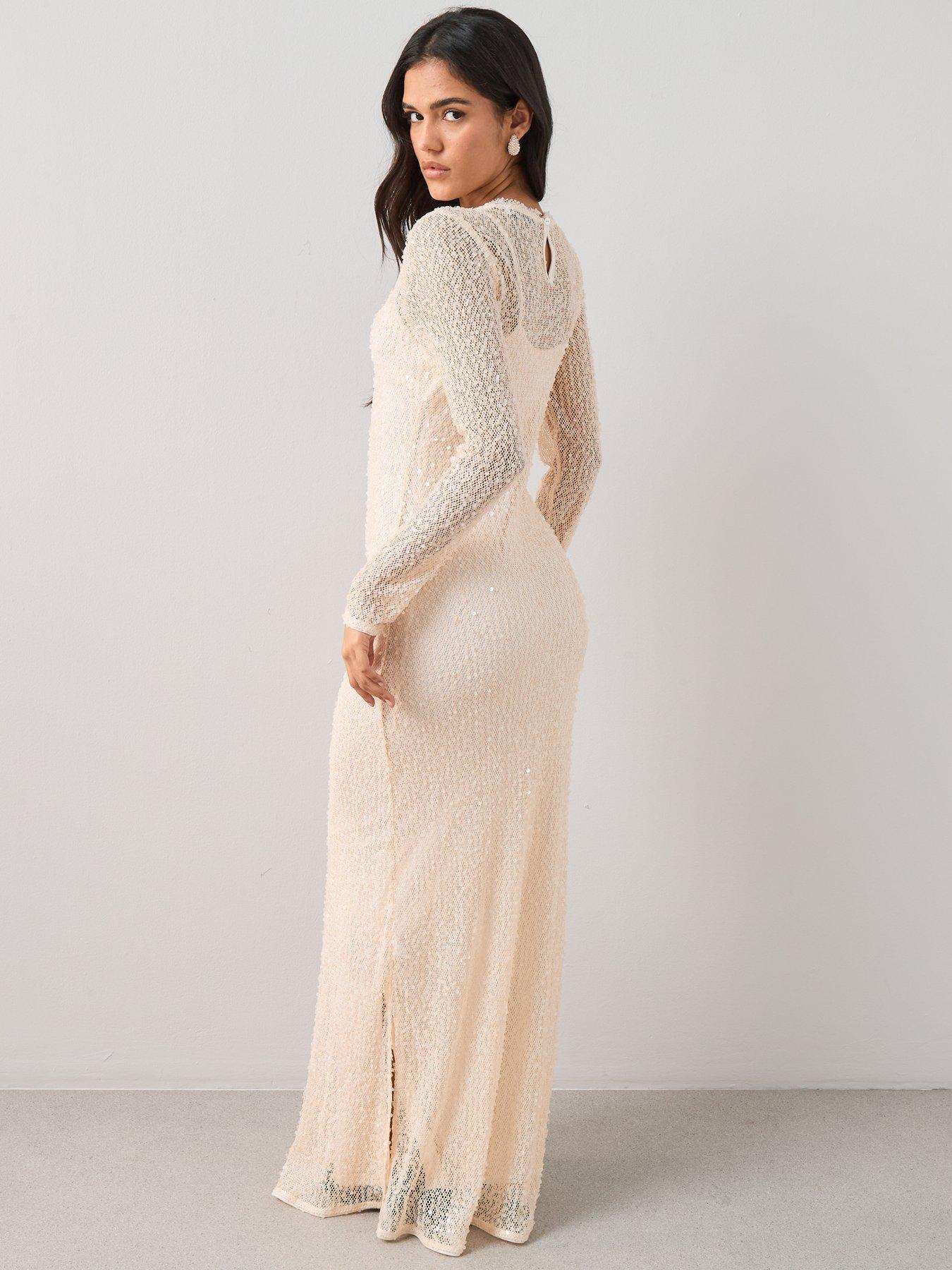 The Very Collection Long Sleeve Sheer Sequin Maxi Dress Cream - White |  Very Ireland