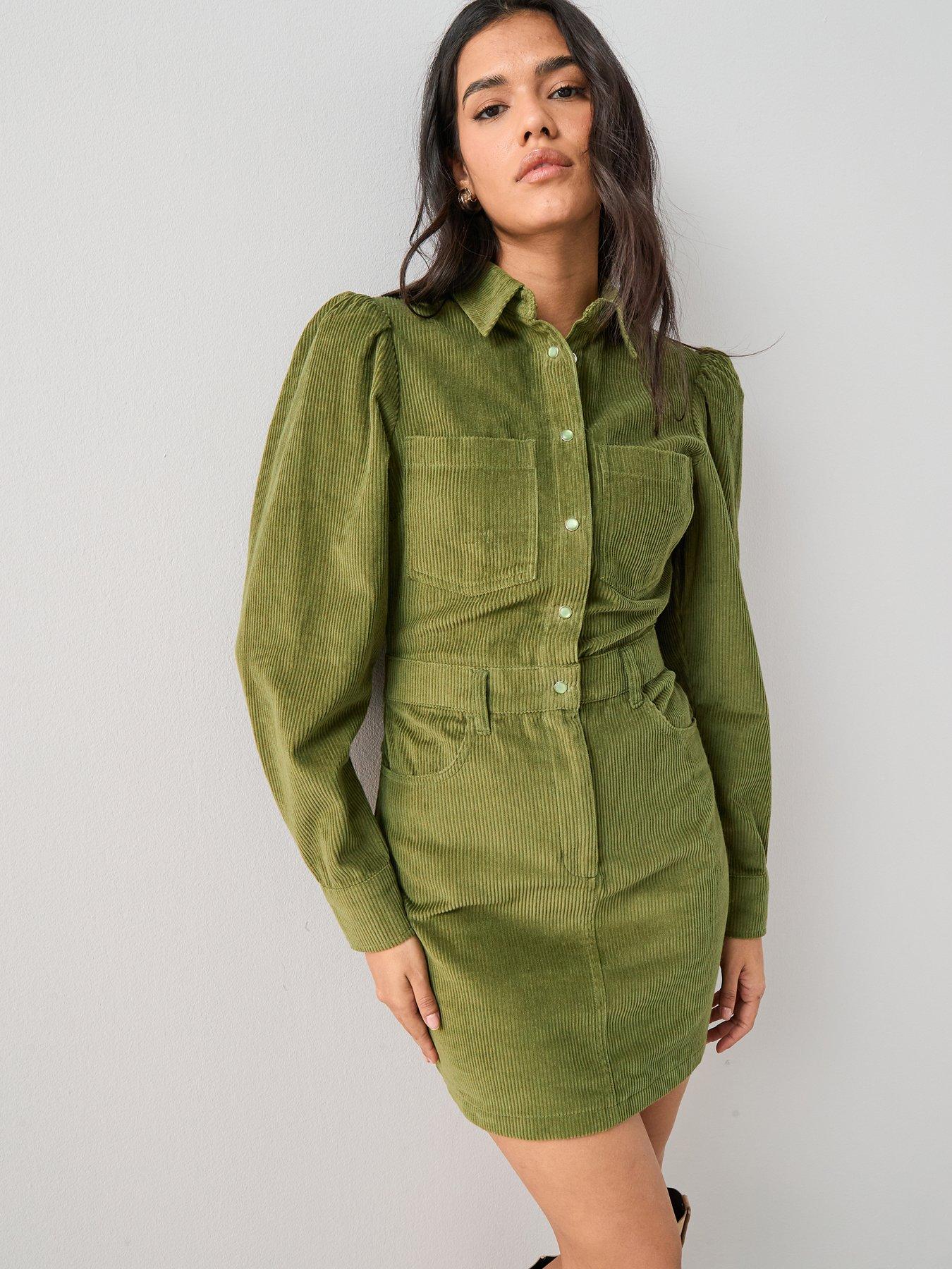 the-very-collection-long-sleeve-cord-mini-shirt-dress-nbspgreen