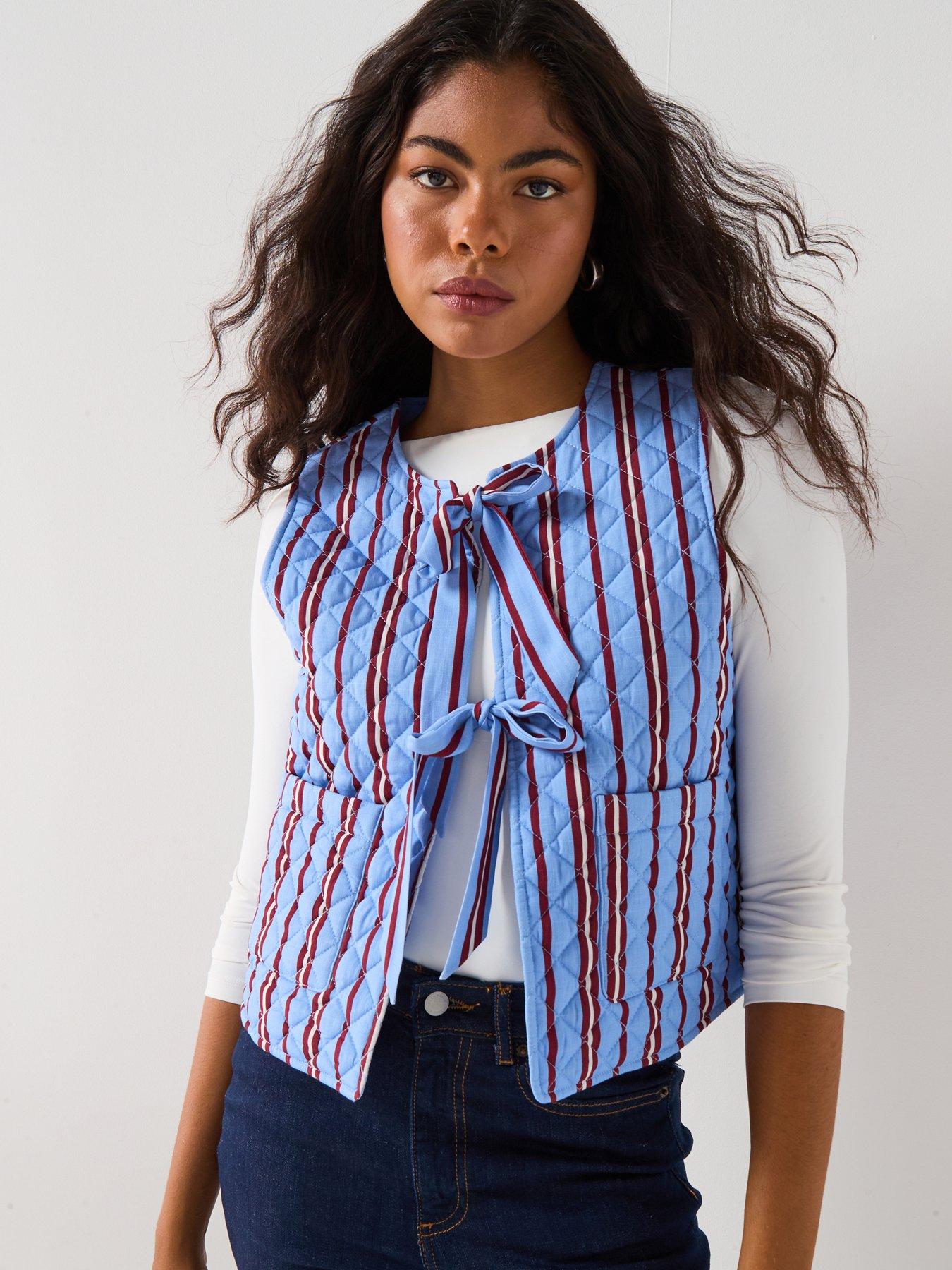 Image 1 of 5 of PIECES Quilted Tie Front Short Waistcoat - Blue Multi