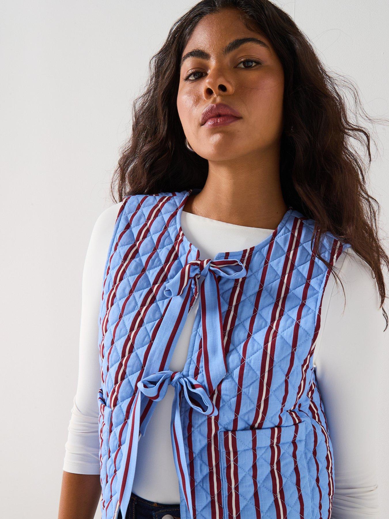 Image 4 of 5 of PIECES Quilted Tie Front Short Waistcoat - Blue Multi