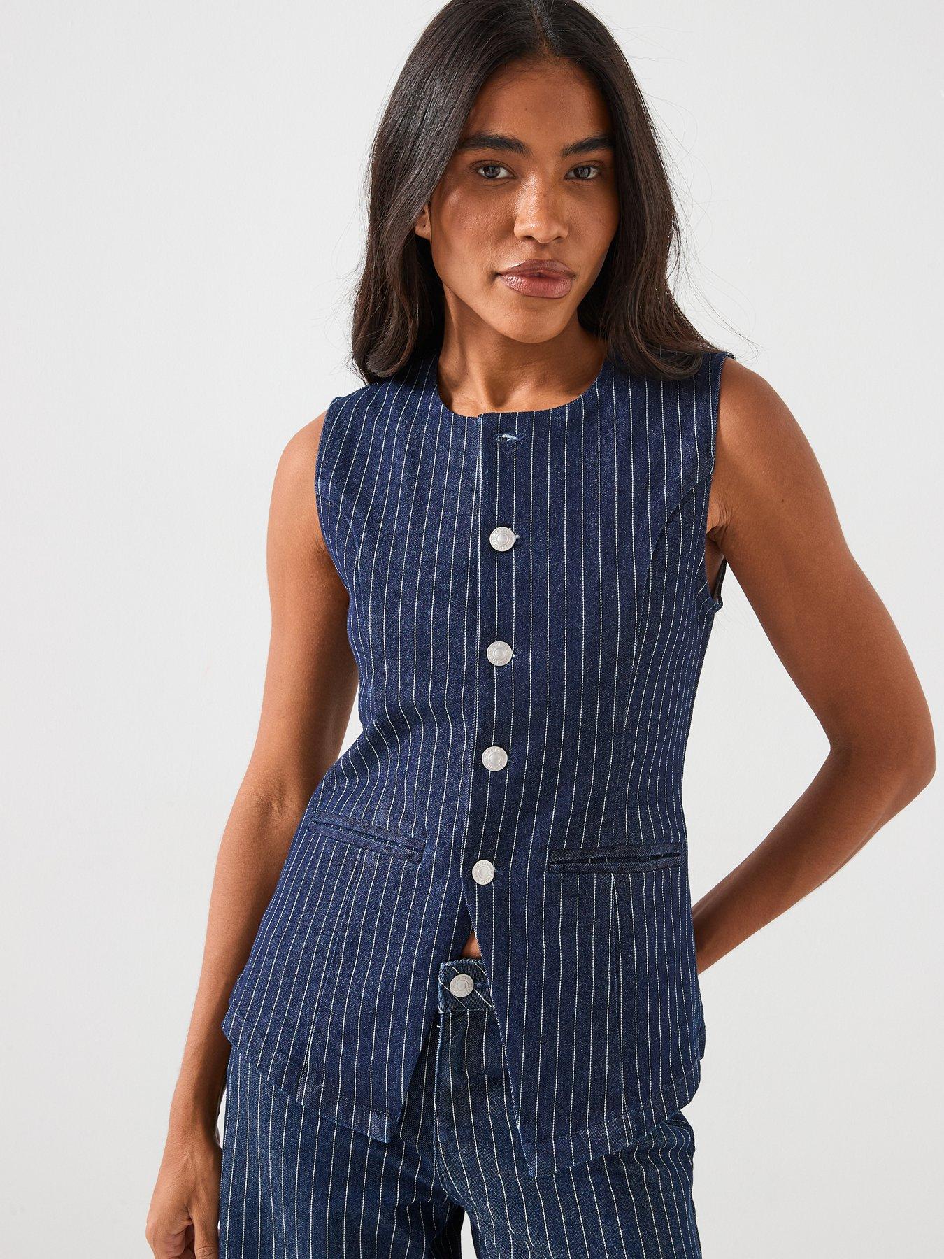 PIECES Long Striped Denim Vest - Blue