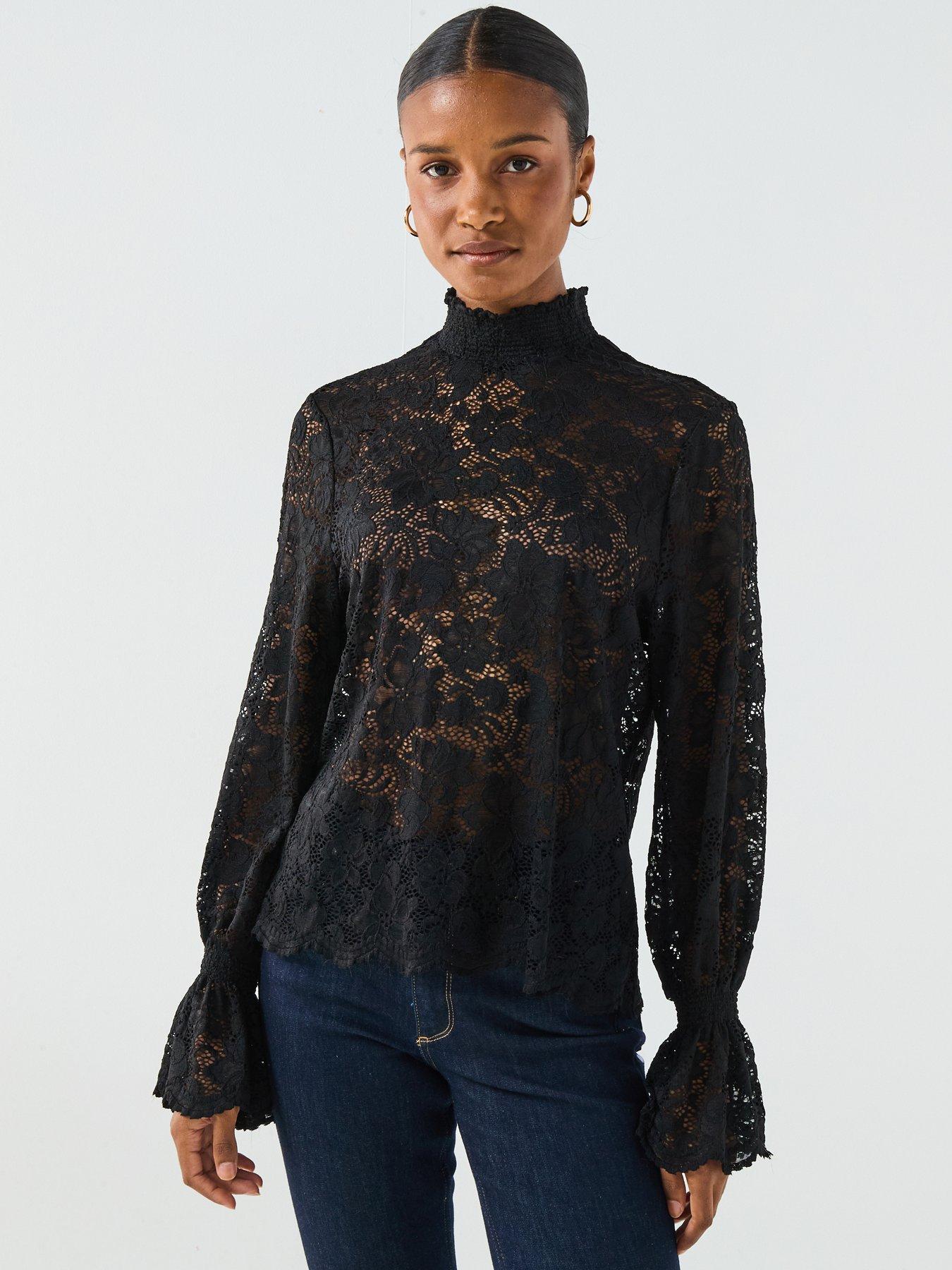 pieces-long-sleeve-lace-top-black