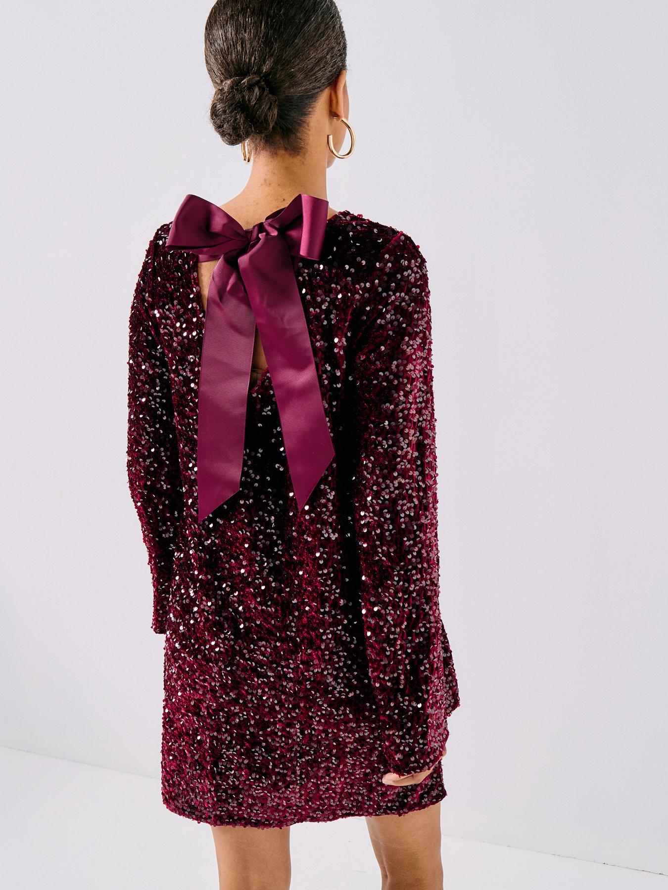 pieces-long-sleeve-deep-back-bow-mini-dress-redstillFront