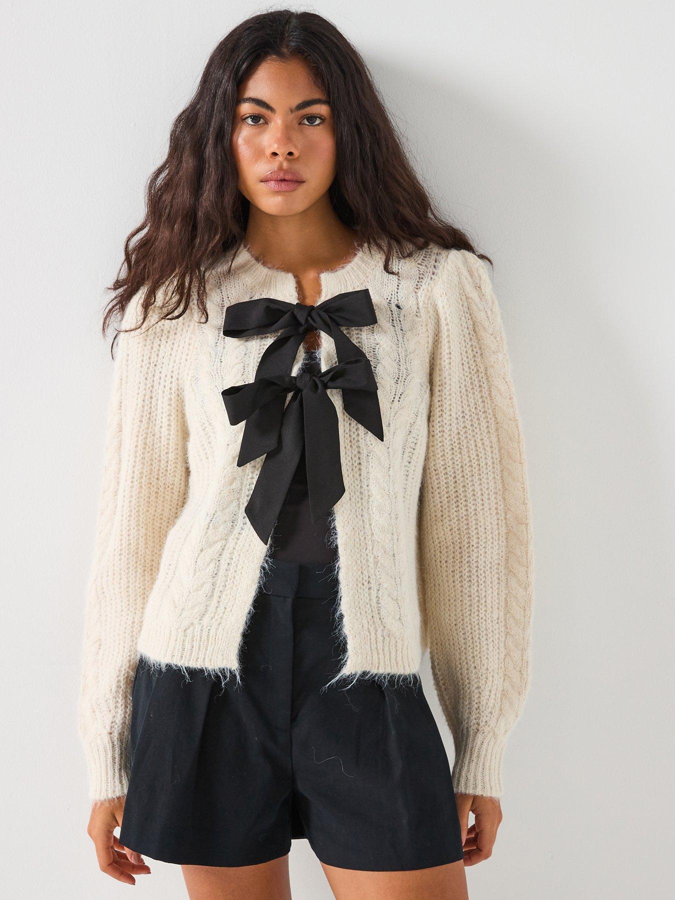 pieces-long-sleeve-o-neck-bow-knit-cardigan-beige
