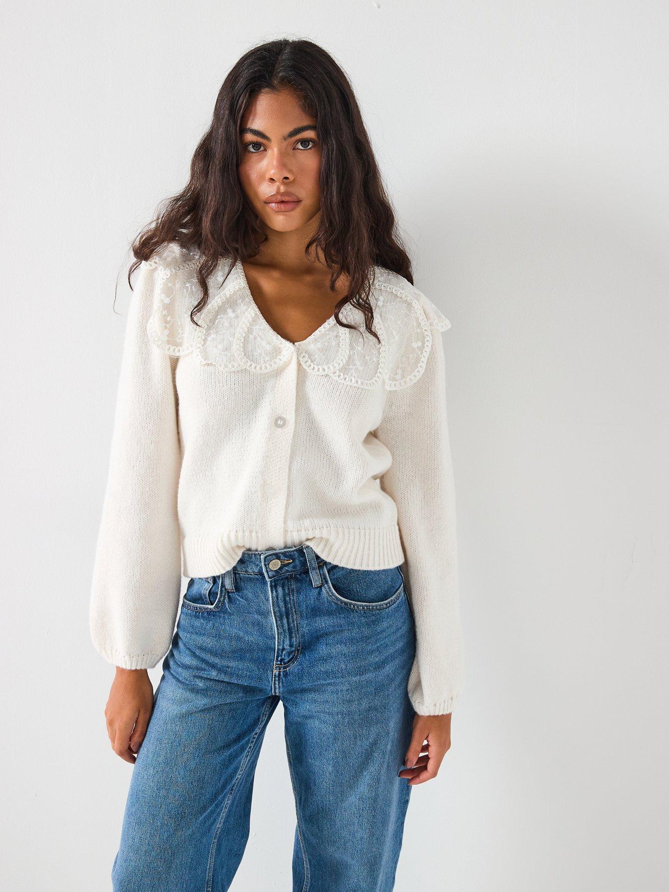 PIECES Abby Long Sleeve Lace Collar Knit Cardigan - Cream