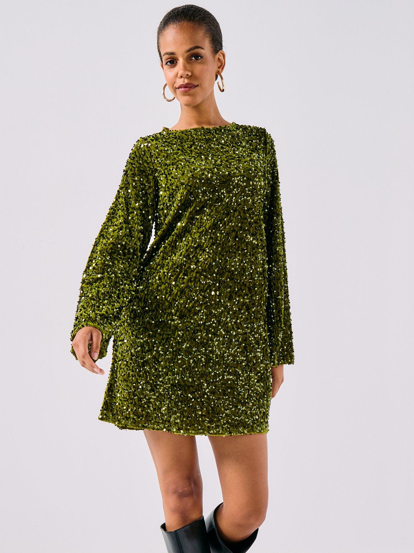 pieces-long-sleeve-deep-back-bow-mini-dress-green
