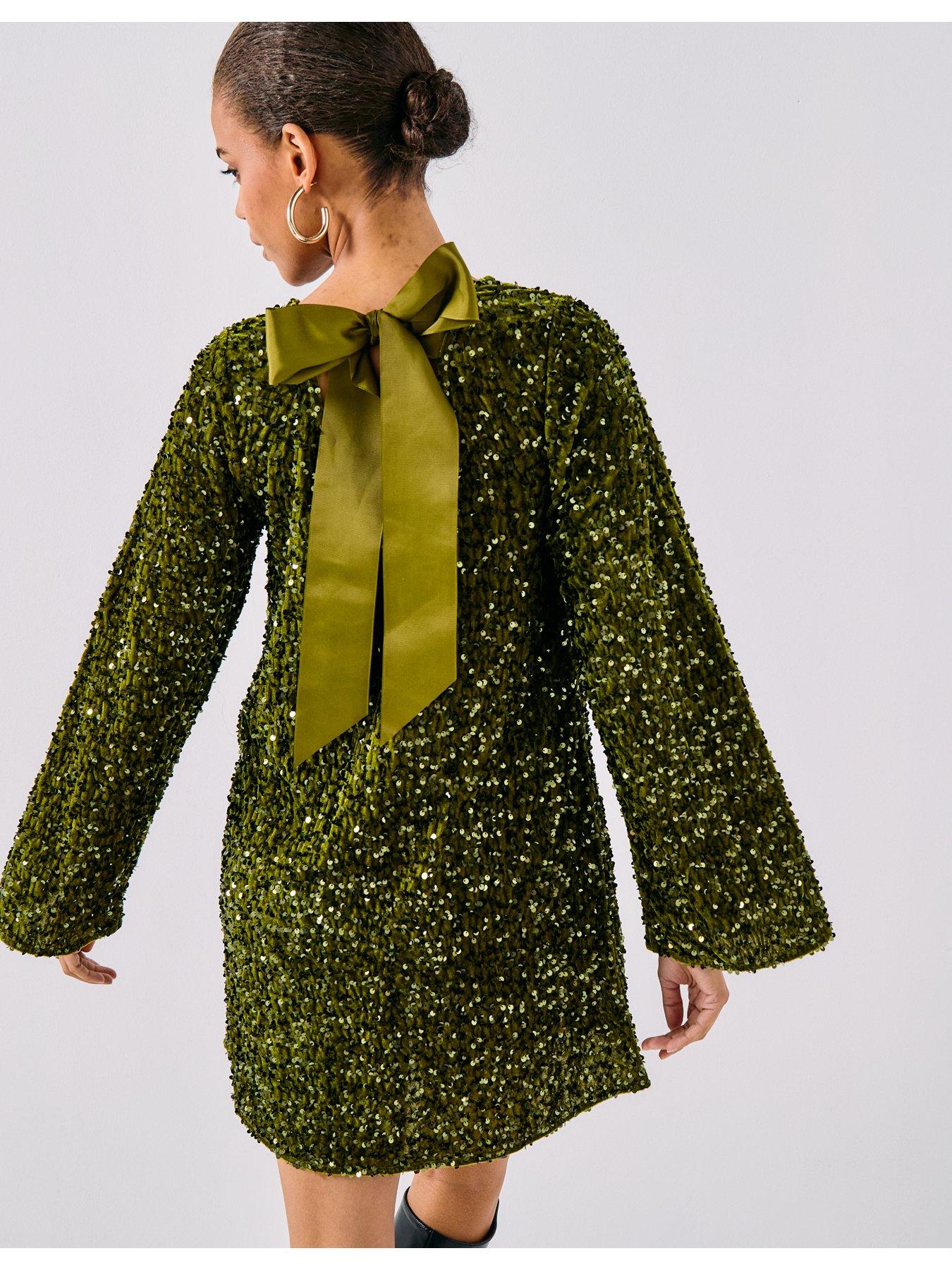 pieces-long-sleeve-deep-back-bow-mini-dress-greenstillFront