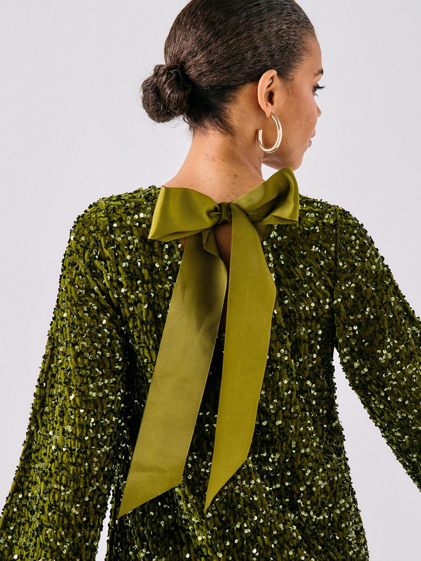 pieces-long-sleeve-deep-back-bow-mini-dress-greenoutfit