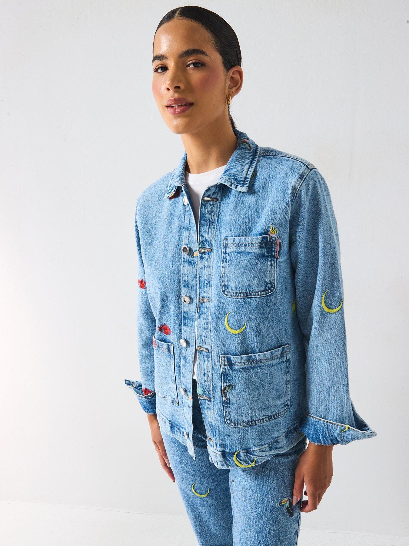 PIECES Jidi Long Sleeve Denim Embroidered Shacket - Blue