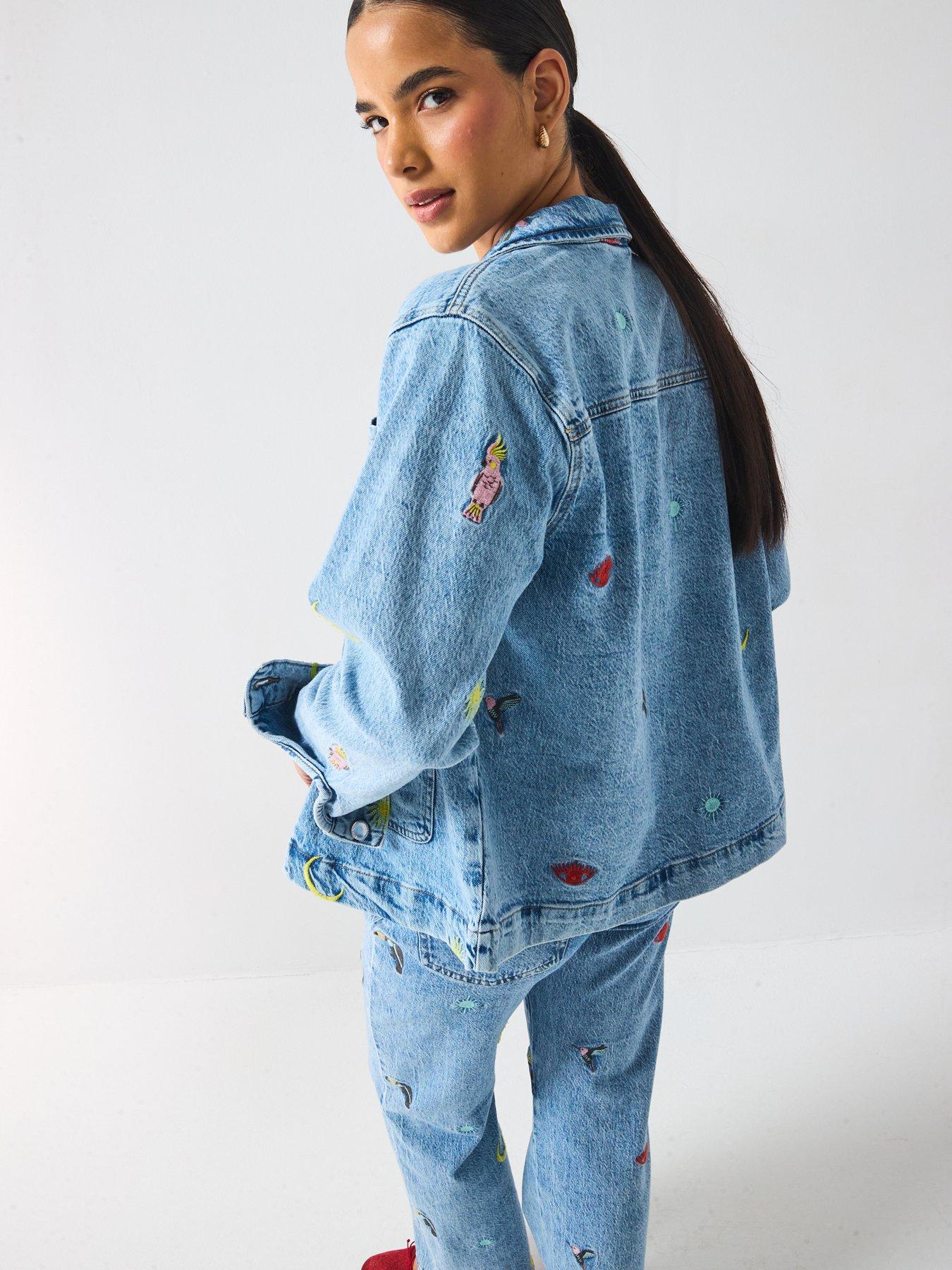 Image 2 of 6 of PIECES Jidi Long Sleeve Denim Embroidered Shacket - Blue