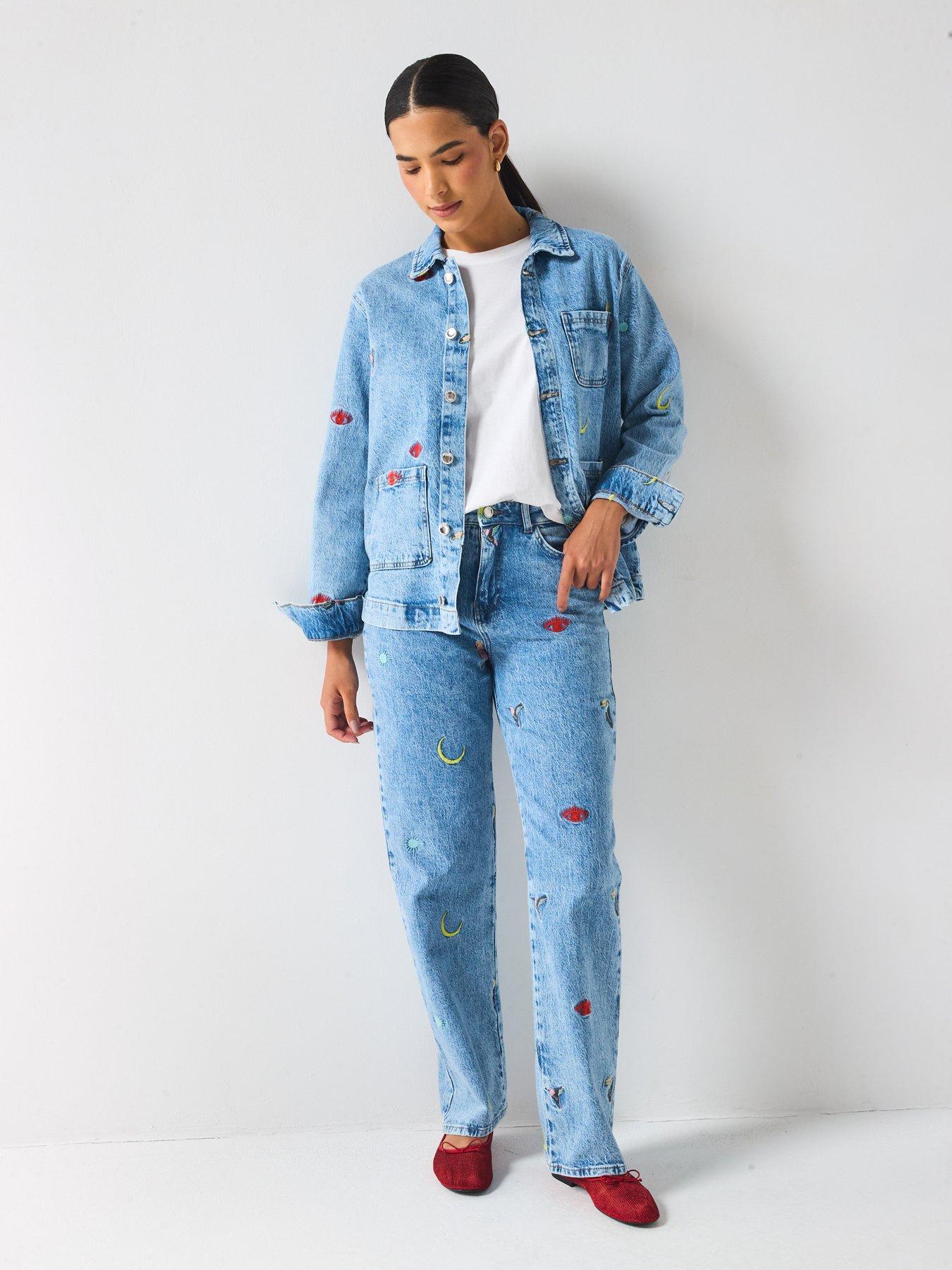 Image 3 of 6 of PIECES Jidi Long Sleeve Denim Embroidered Shacket - Blue