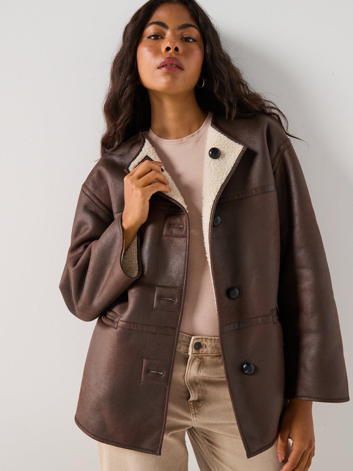 Image 4 of 6 of PIECES Reversible Teddy Pu Jacket - Brown