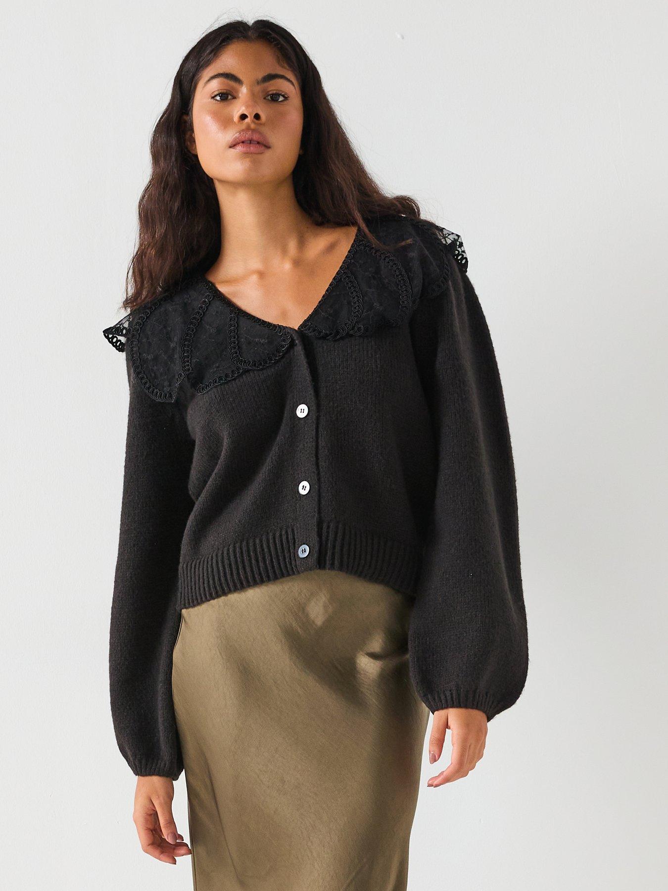 PIECES Abby Long Sleeve Lace Collar Knit Cardigan - Black