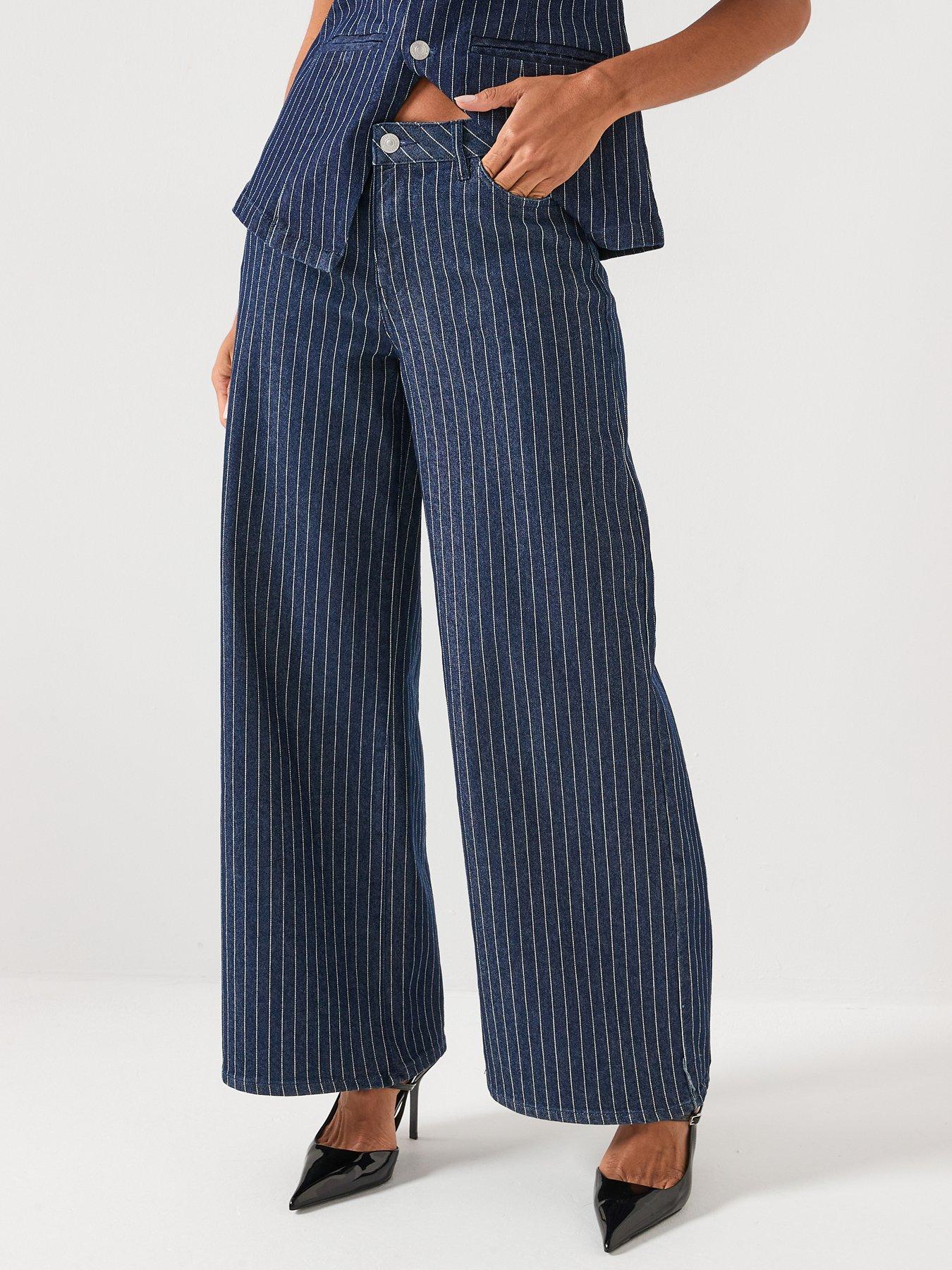 PIECES Rose Wide Striped Co-ord Denim Jeans - Blue
