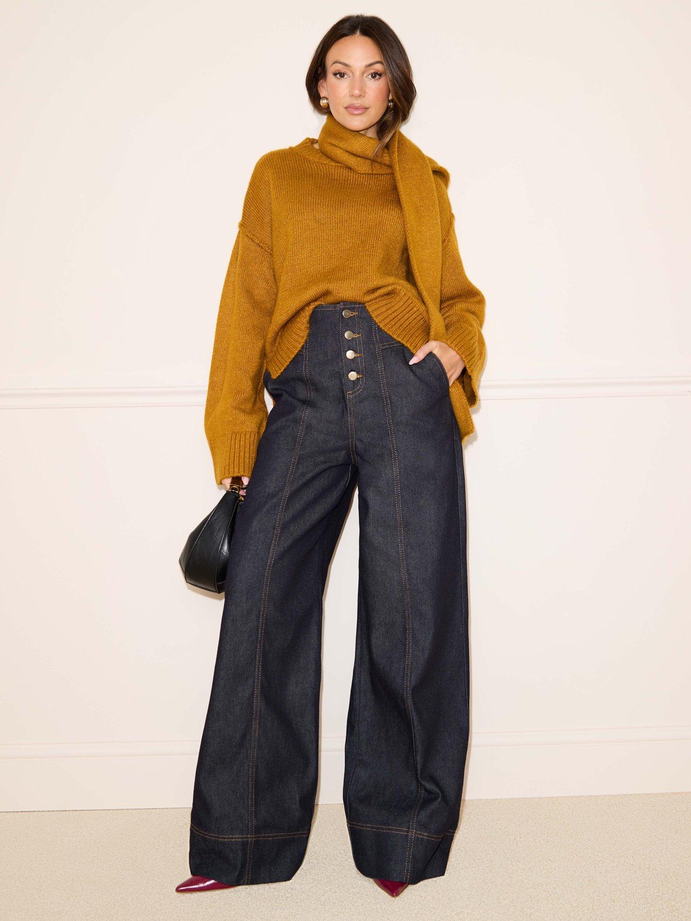 Michelle Keegan Corset Seam Button Detail Wide Leg Jeans - Dark Wash