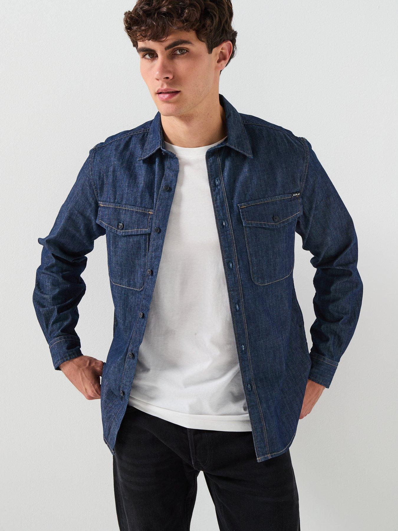 Image 1 of 6 of Replay Double Pocket Denim Shirt - Blue