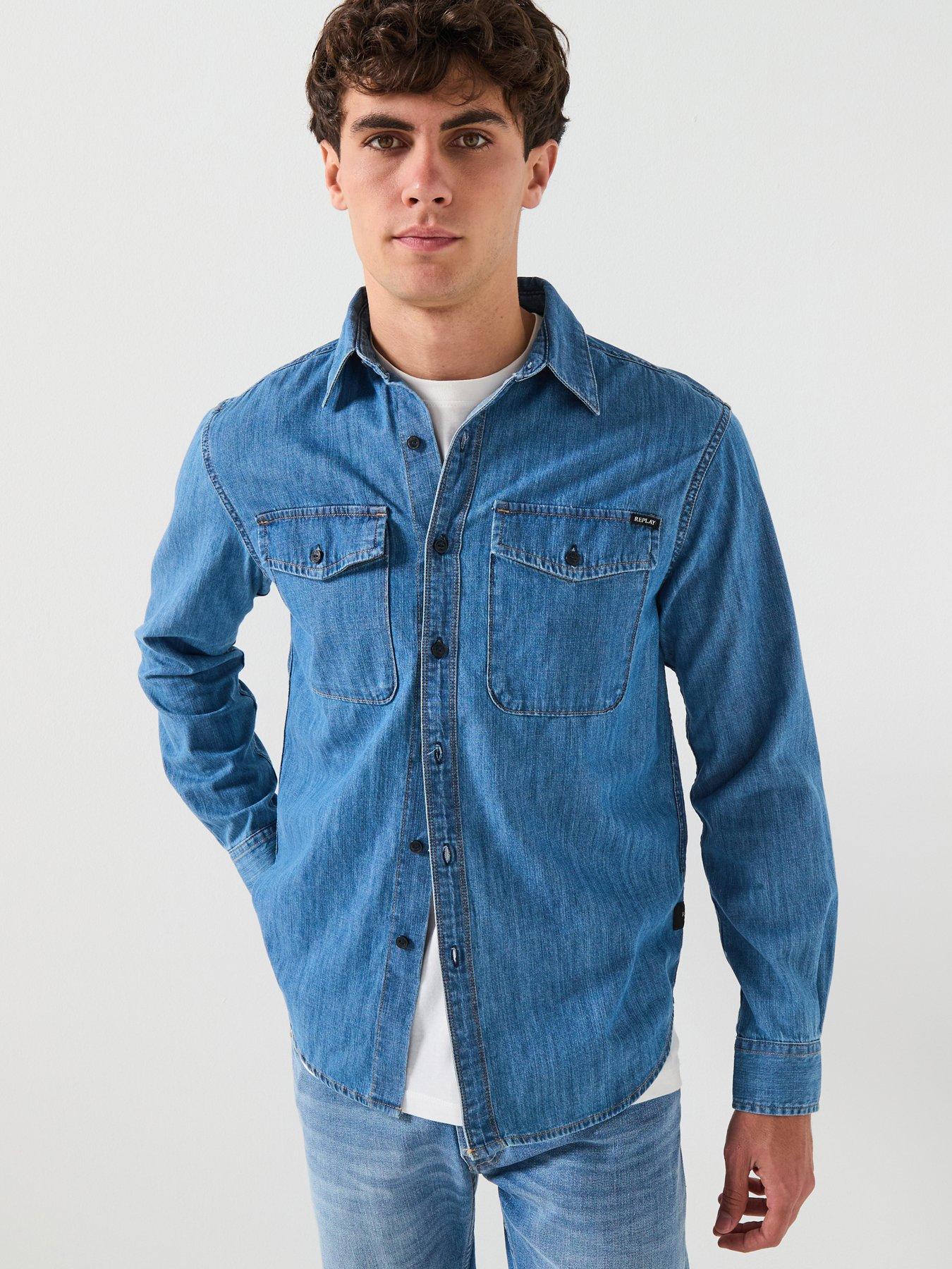 Image 1 of 6 of Replay Double Pocket Denim Shirt - Blue