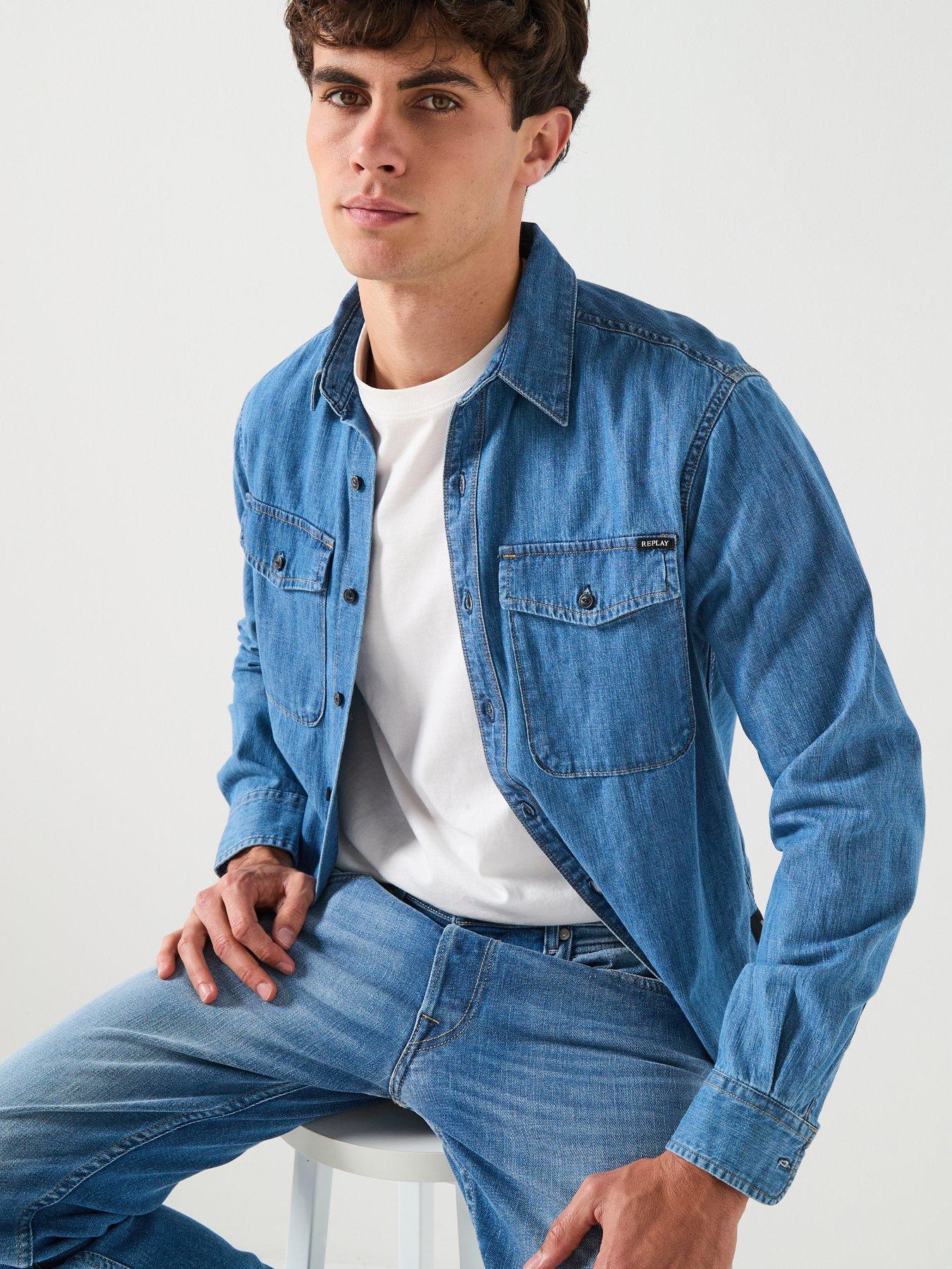 Image 4 of 6 of Replay Double Pocket Denim Shirt - Blue