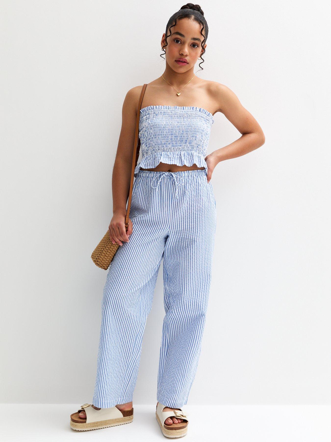 undefined Girls Blue Striped Drawstring Waist Trousers - Light Blue