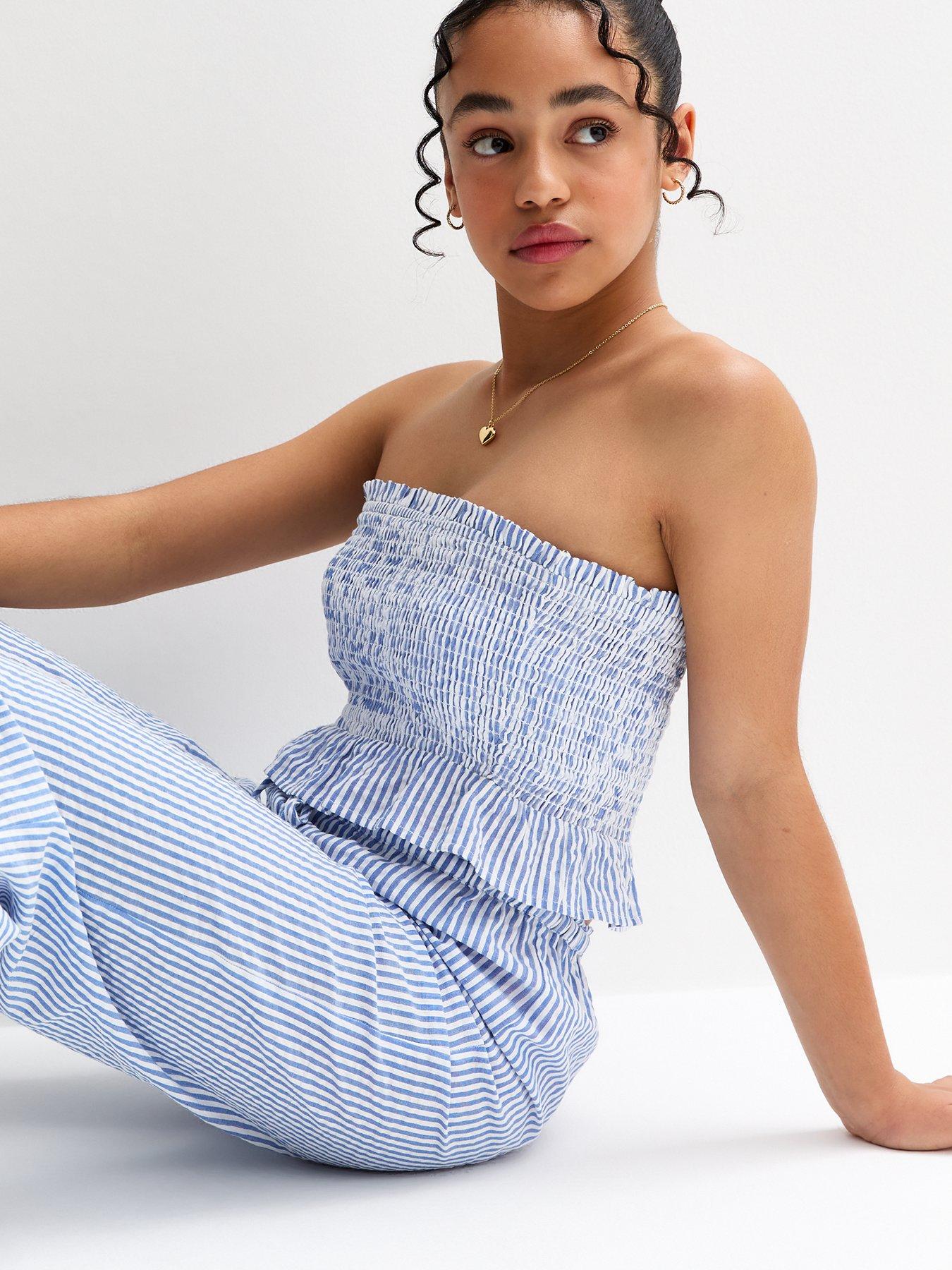 New Look 915 Girls Blue Striped Shirred Bandeau Top - Light Blue