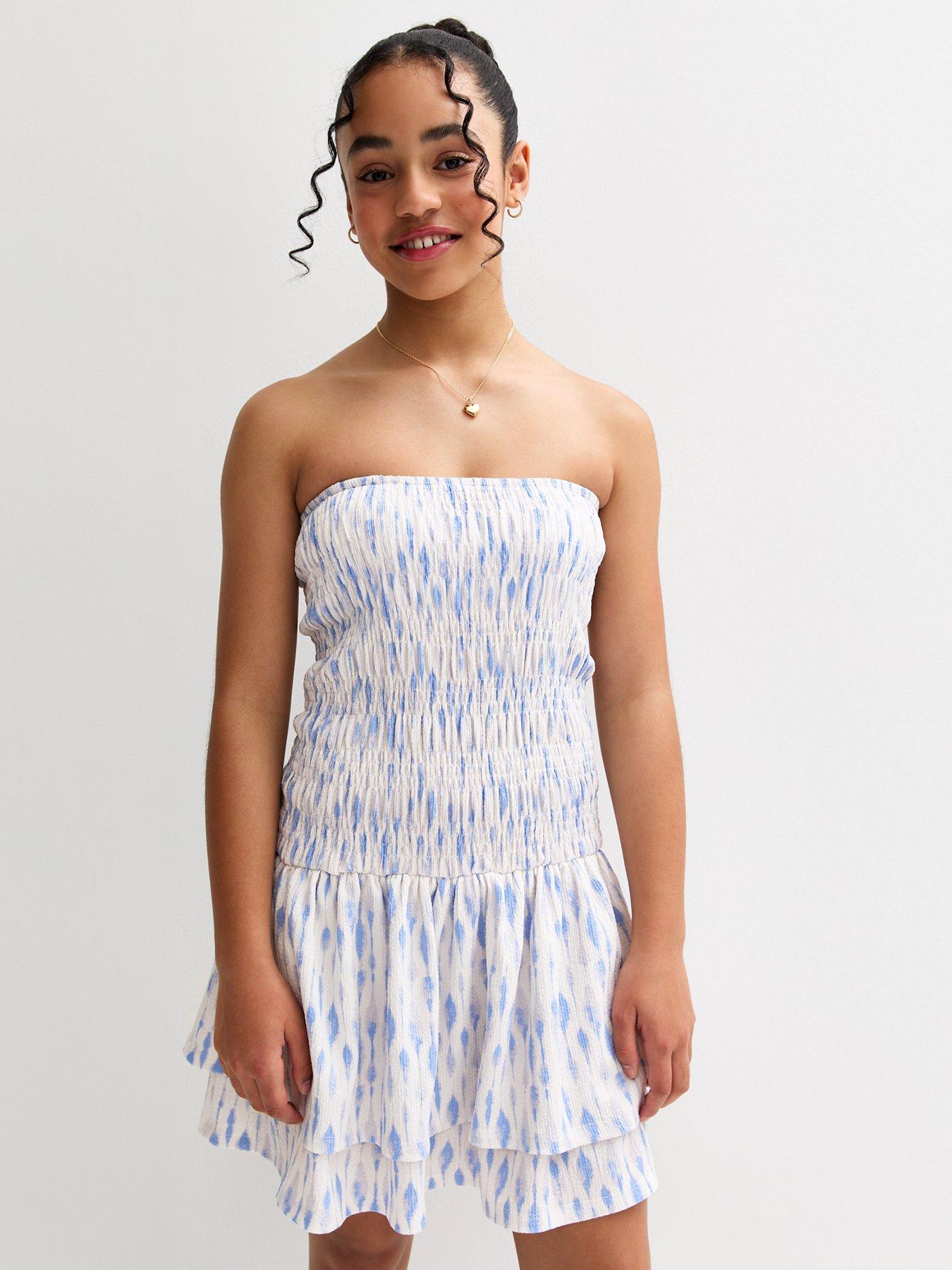 undefined Girls Blue Textured Jersey Pattern Print Dress - Light Blue