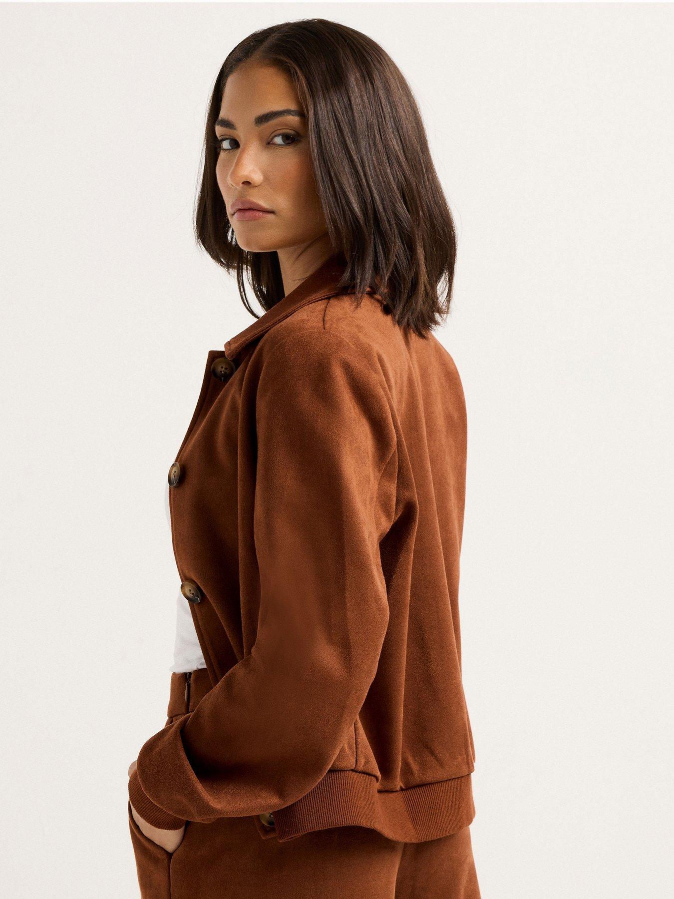 Image 2 of 4 of PixieGirl Petite Suedette Collar Bomber Jacket - Brown