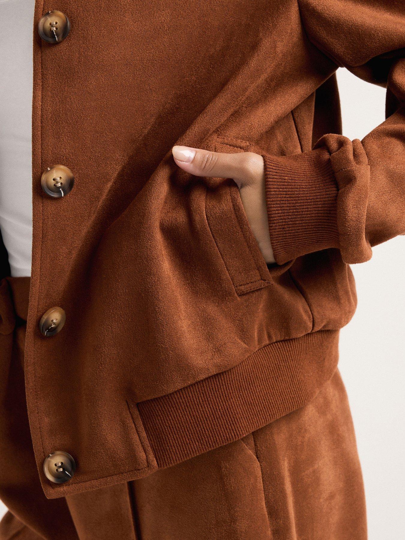 Image 4 of 4 of PixieGirl Petite Suedette Collar Bomber Jacket - Brown